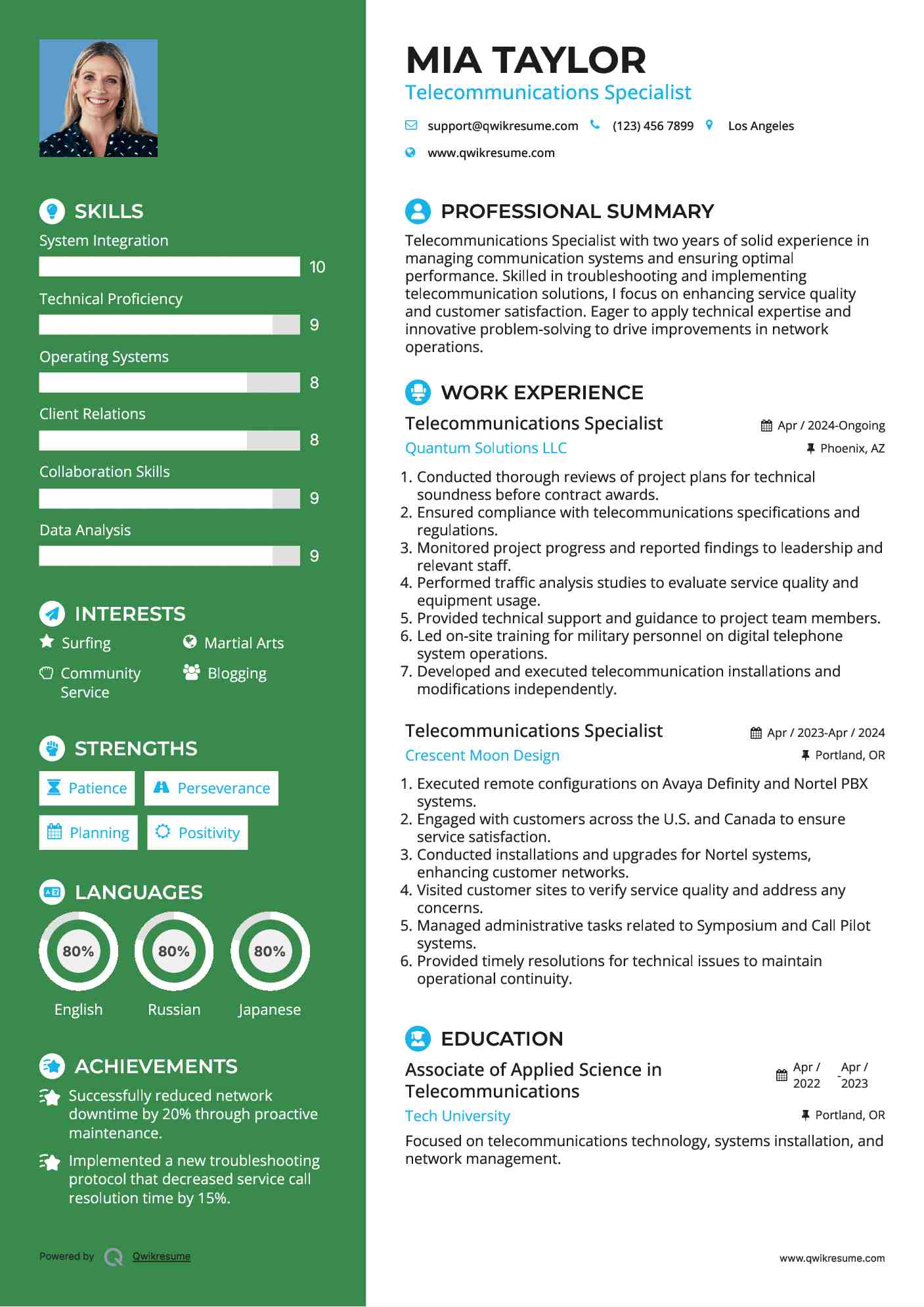 Telecommunications Specialist Resume Example