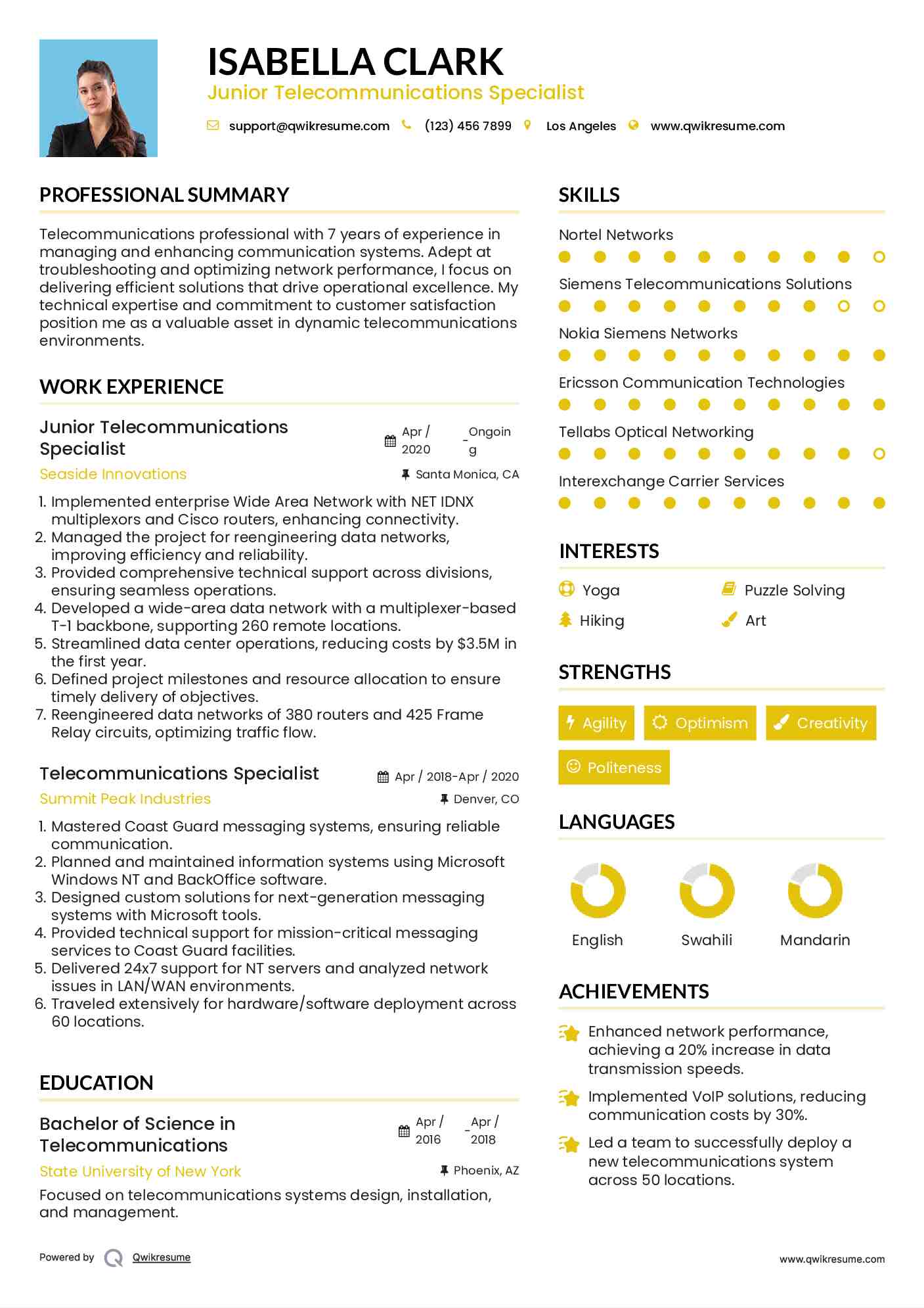 Junior Telecommunications Specialist Resume Format