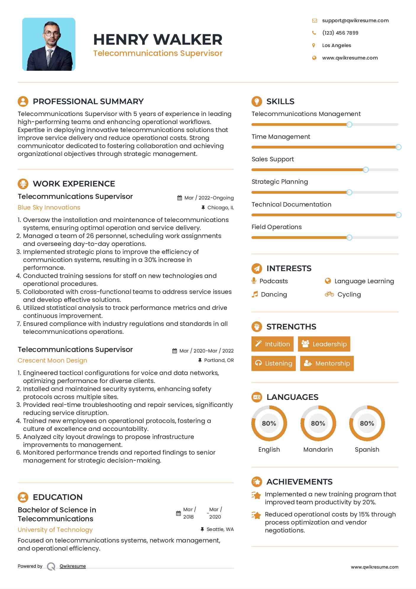 Telecommunications Supervisor Resume Sample