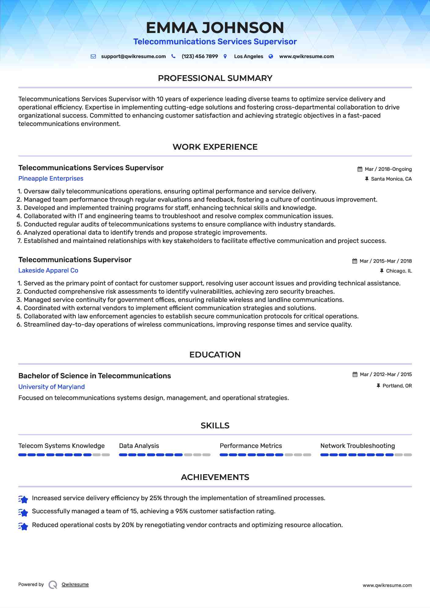 Telecommunications Services Supervisor Resume Template