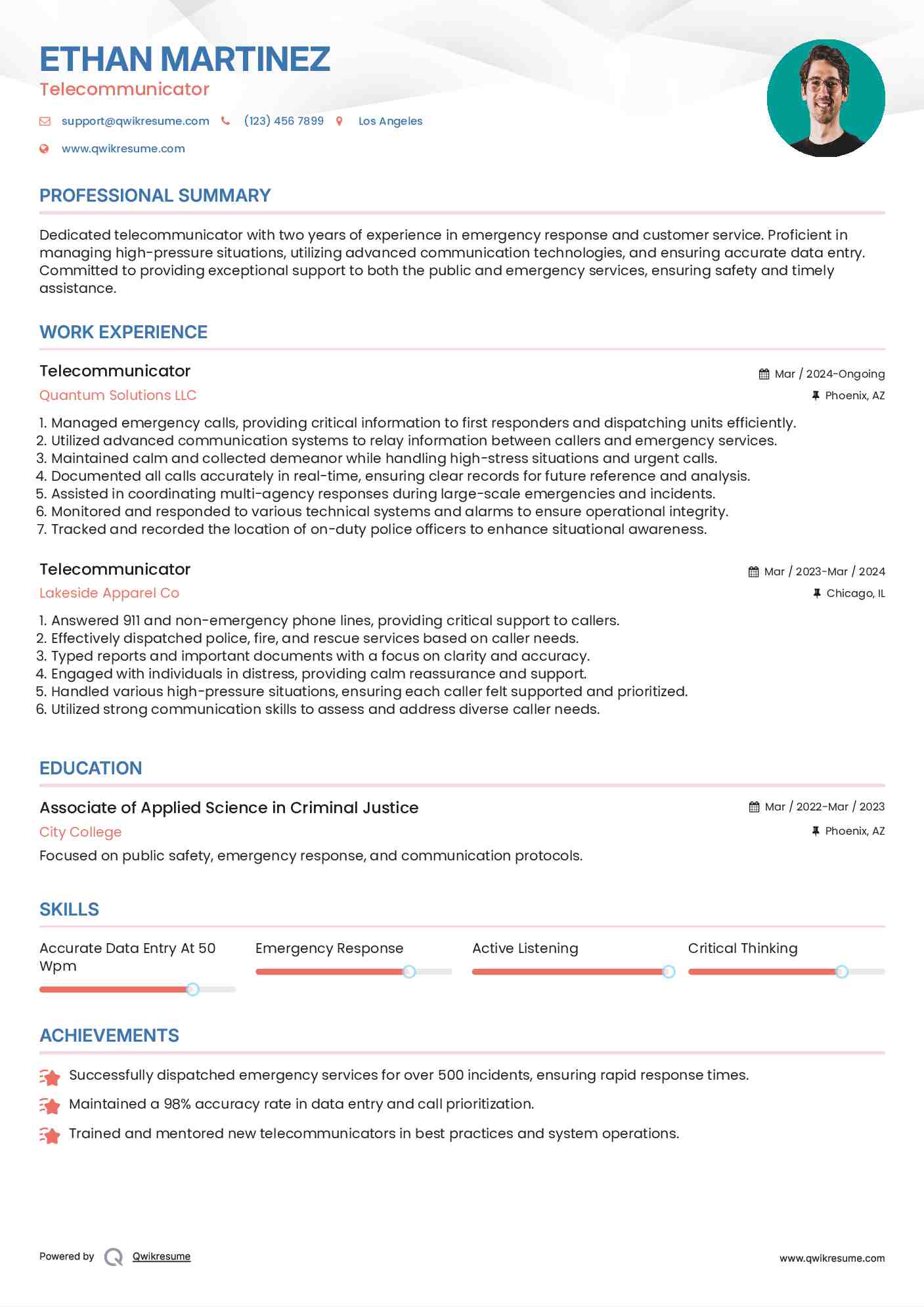 Telecommunicator Resume Format