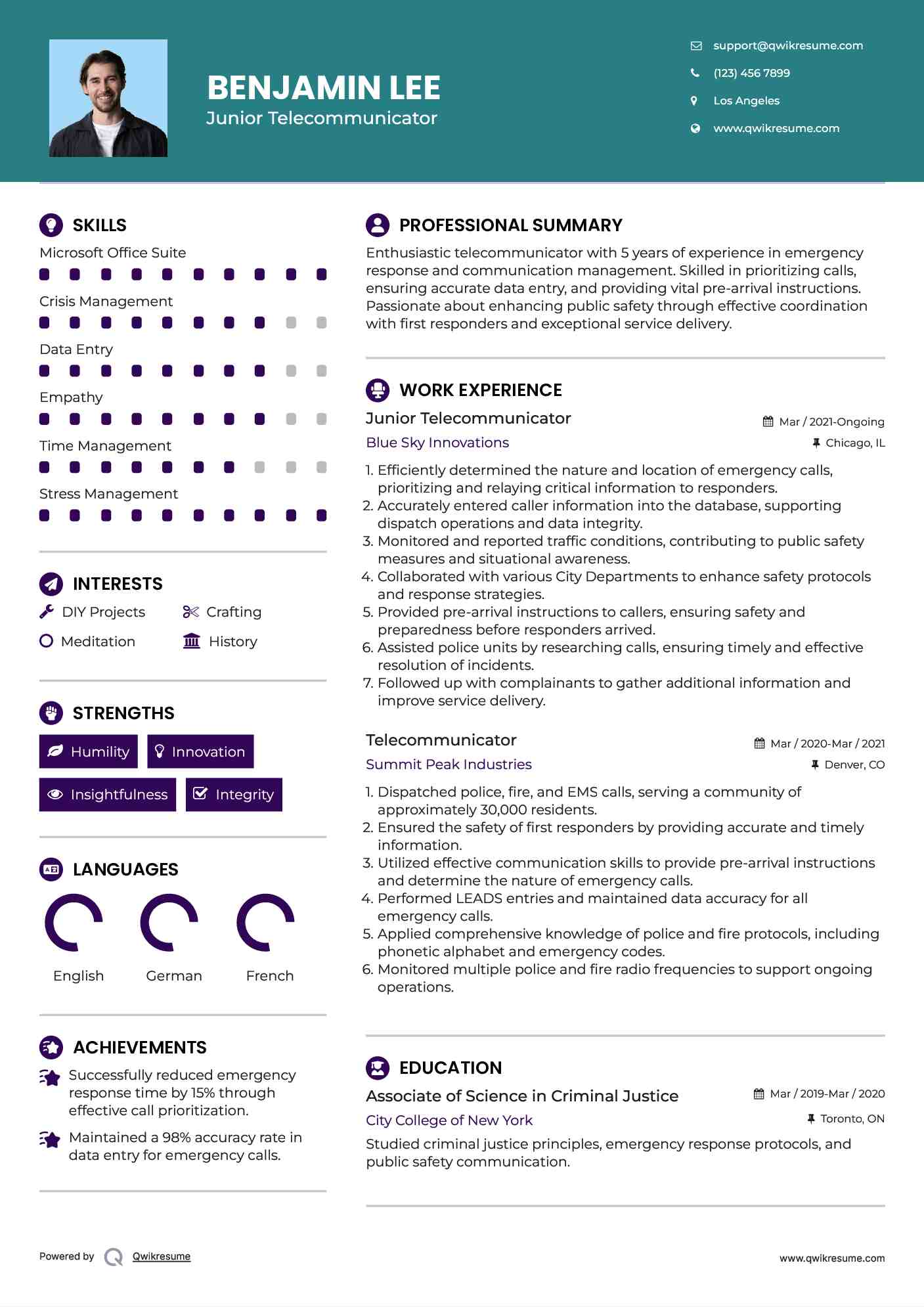 Junior Telecommunicator Resume Model