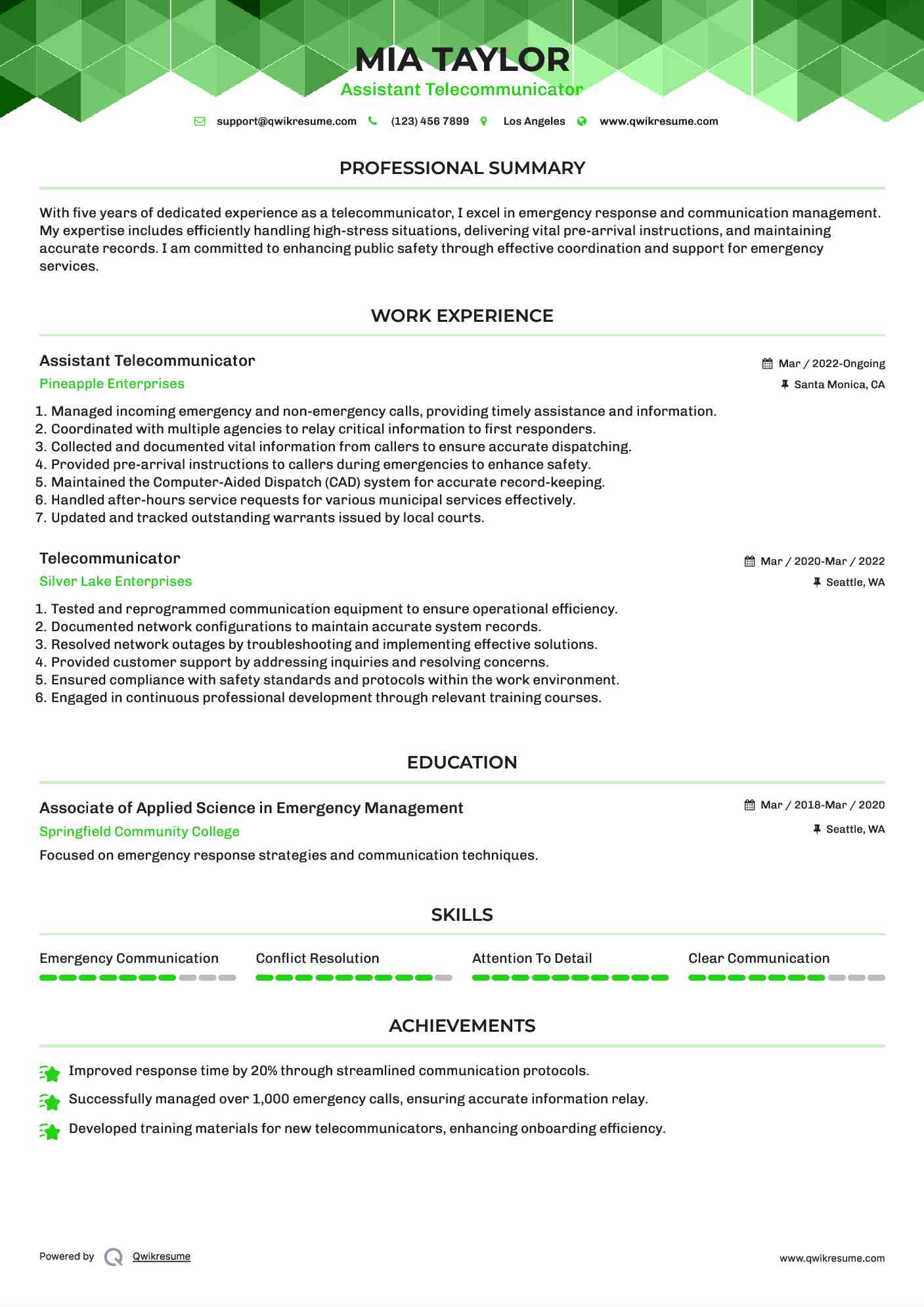 Assistant Telecommunicator Resume Example