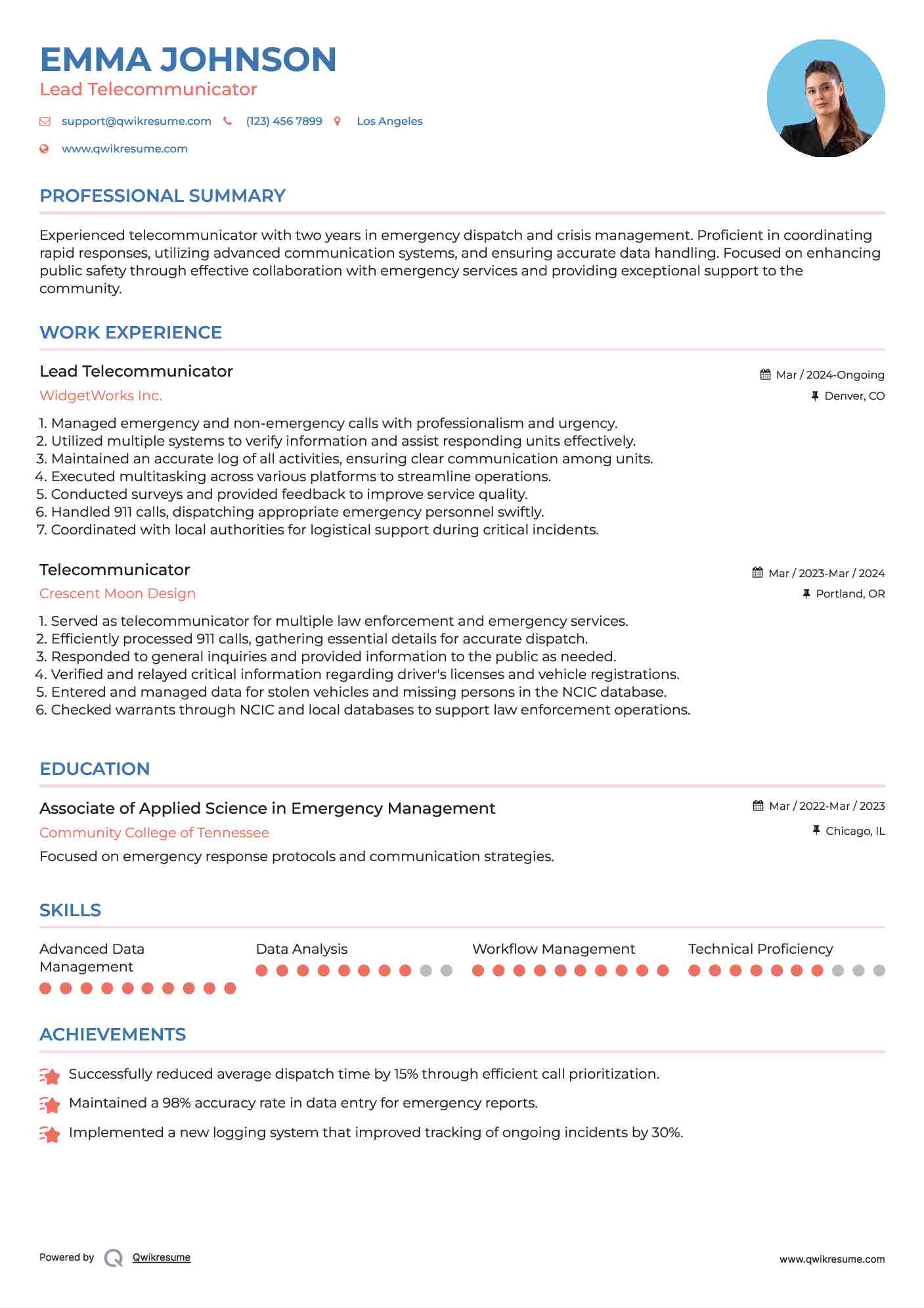 Lead Telecommunicator Resume Example