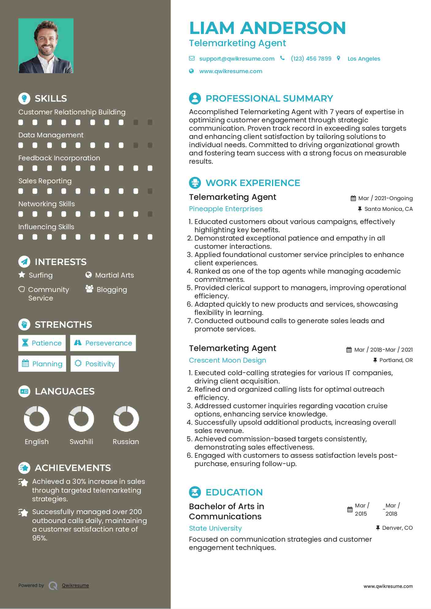 Telemarketing Agent Resume Example