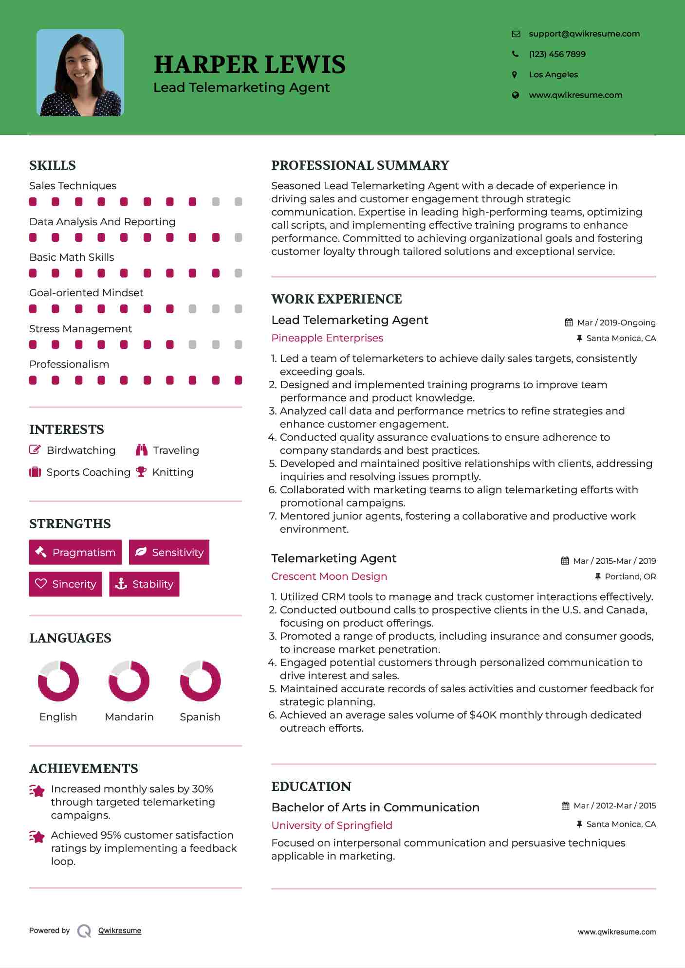 Lead Telemarketing Agent Resume Format