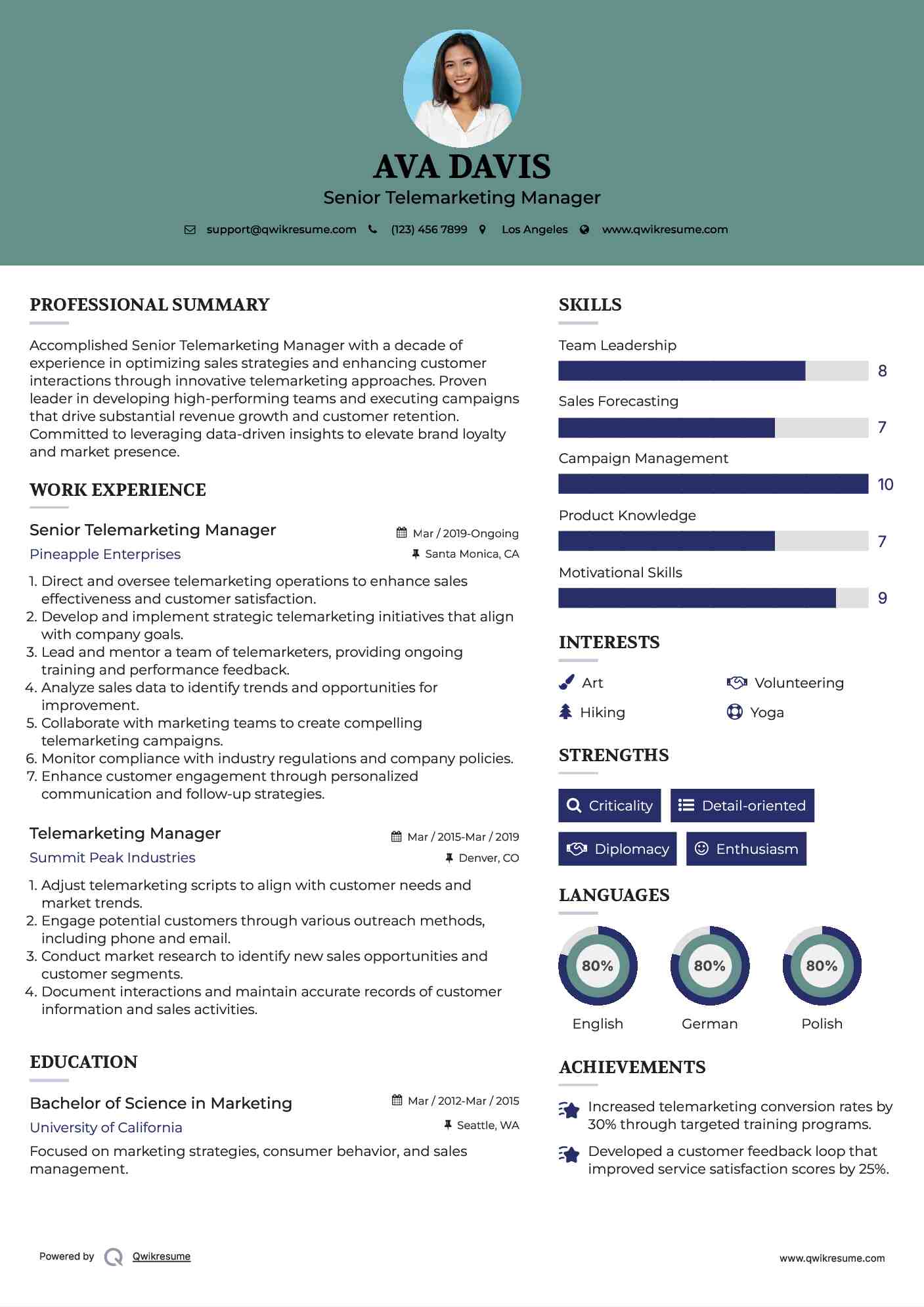 Senior Telemarketing Manager Resume Example