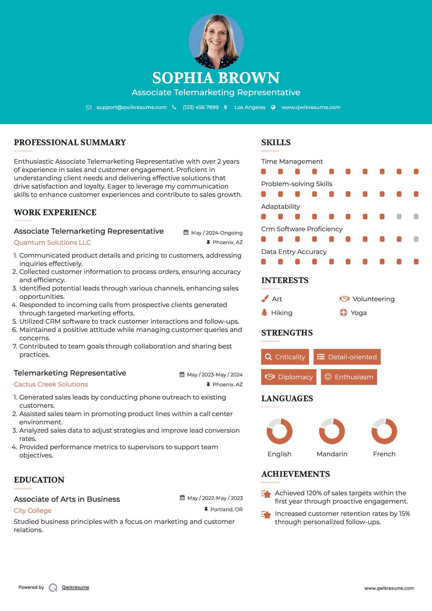 Associate Telemarketing Representative  Resume Sample