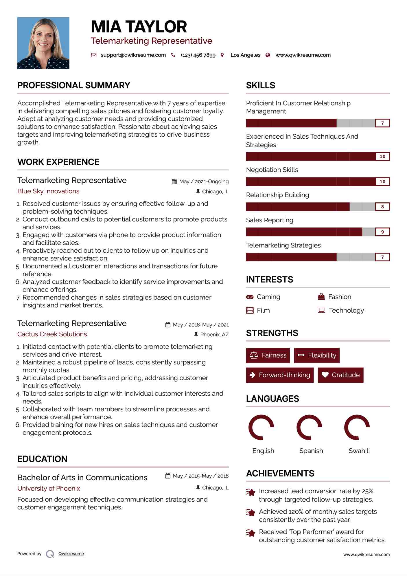 Telemarketing Representative Resume Format