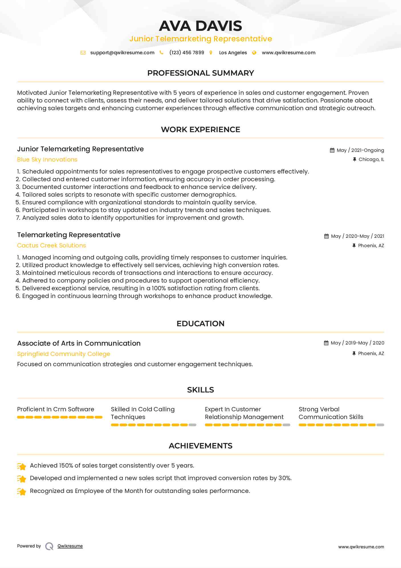 Junior Telemarketing Representative Resume Model
