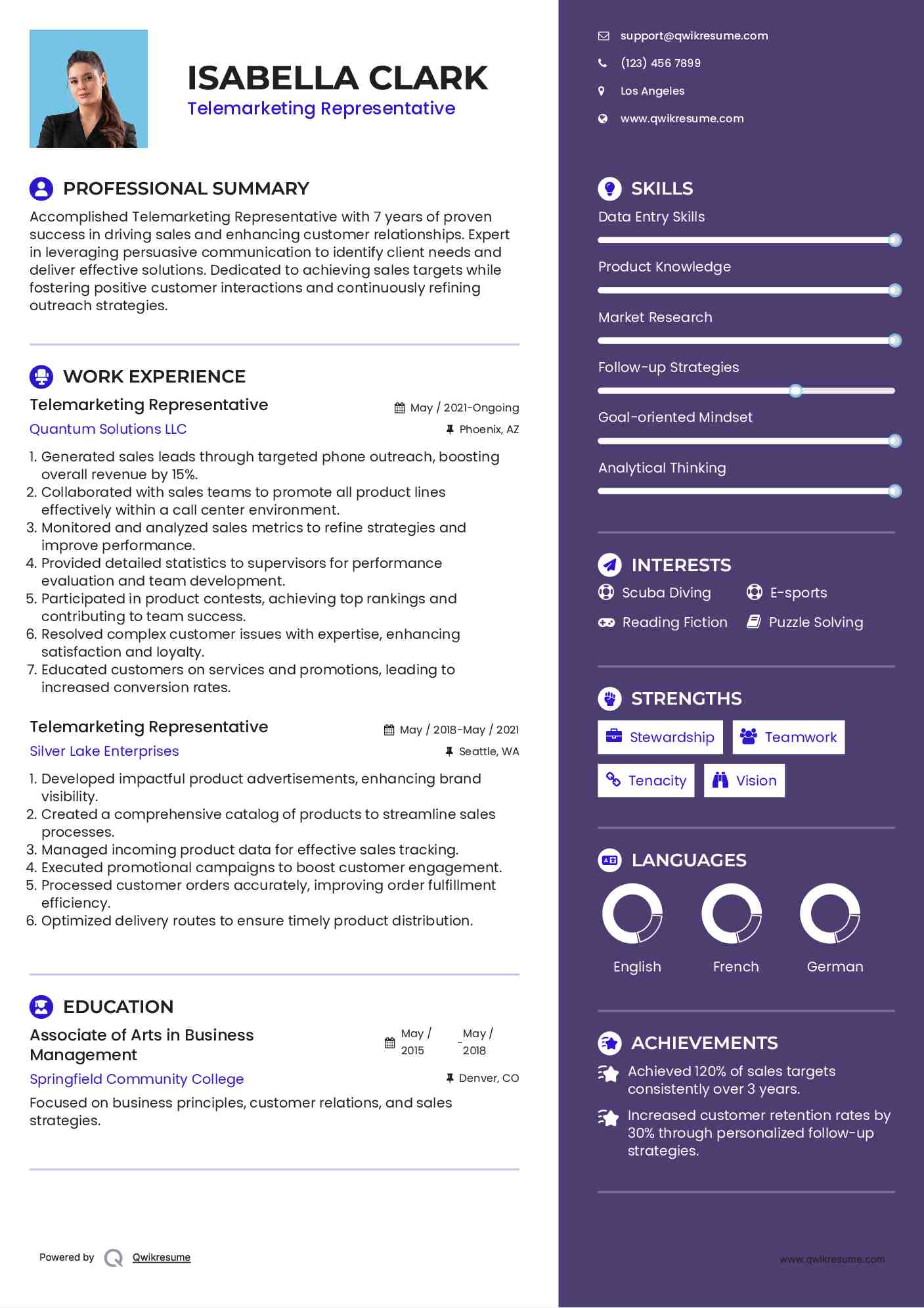 Telemarketing Representative Resume Example