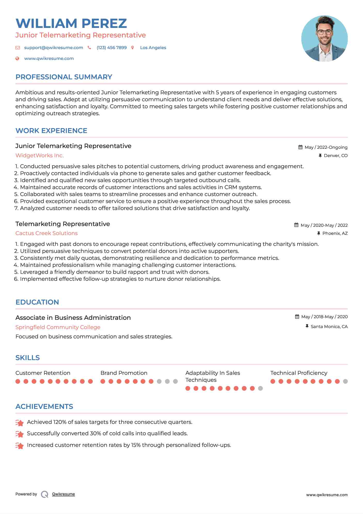 Junior Telemarketing Representative Resume Template
