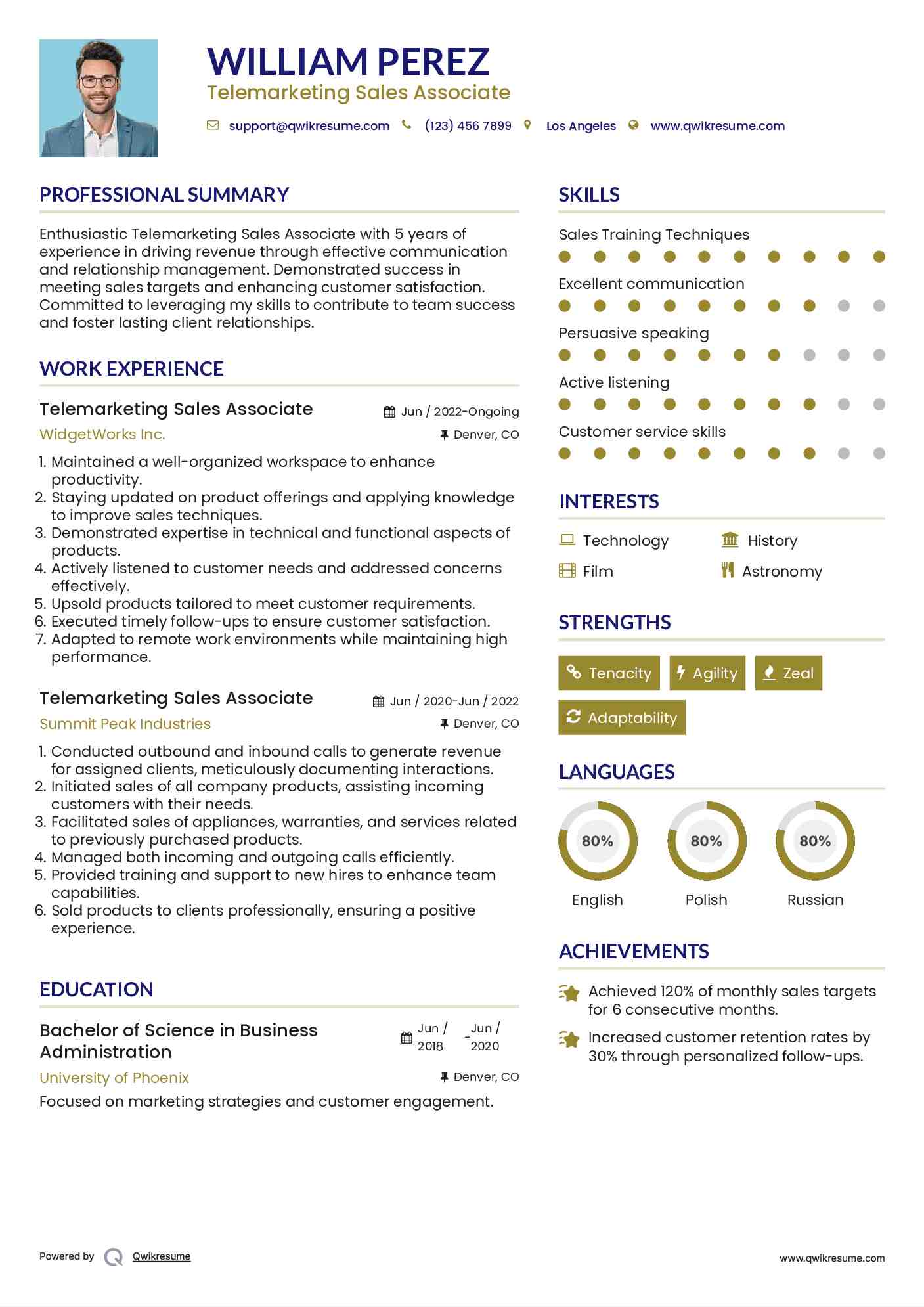 Telemarketing Sales Associate Resume Example