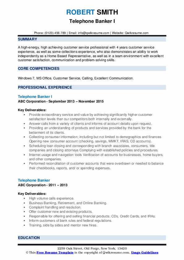 Telephone Banker Resume Samples Qwikresume