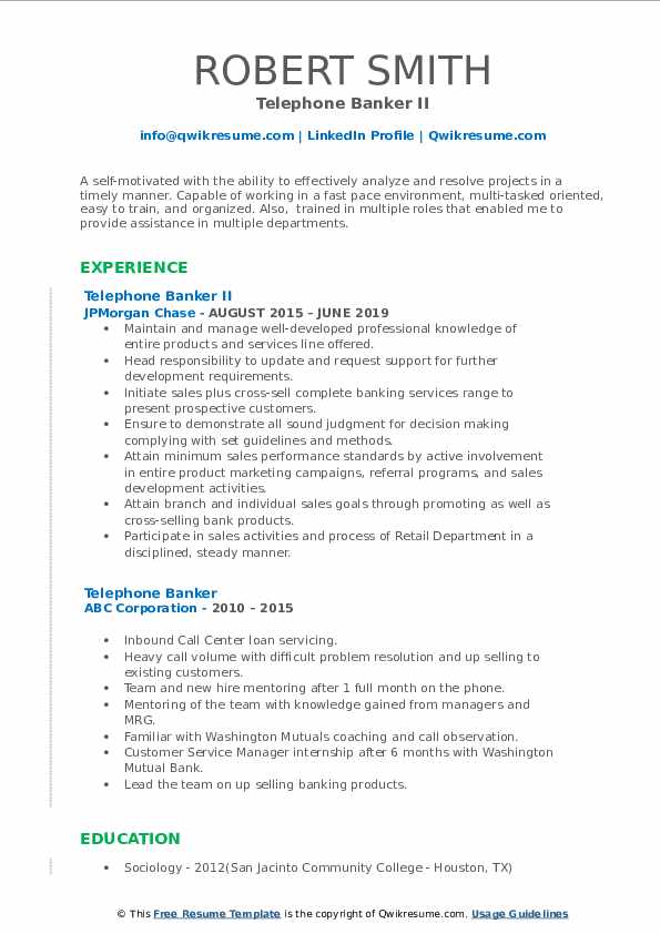 Telephone Banker Resume Samples Qwikresume