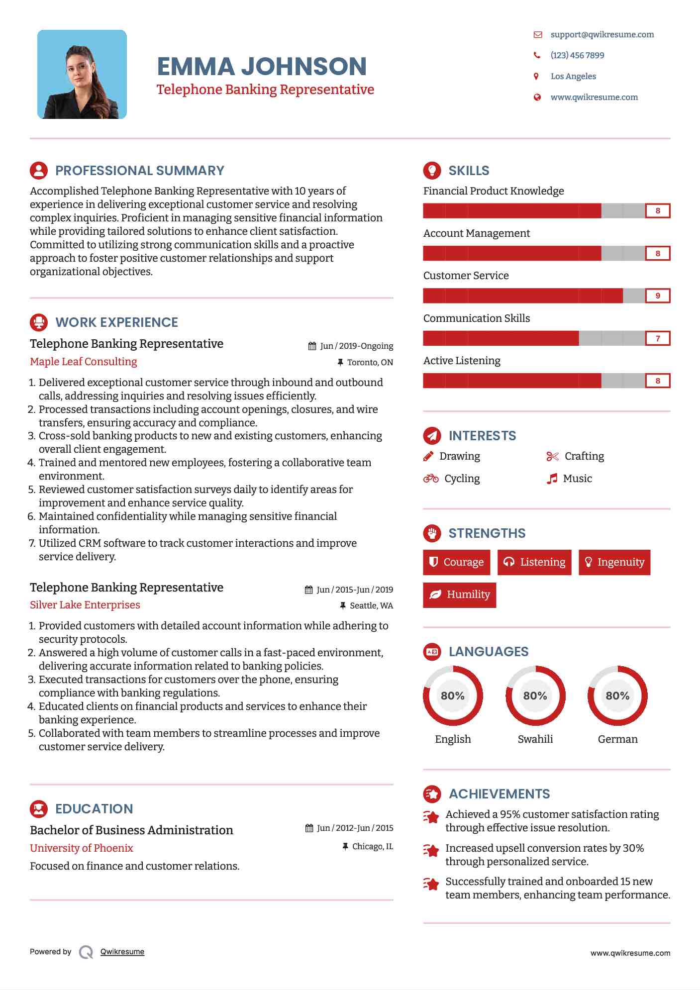 Telephone Banking Representative Resume Format