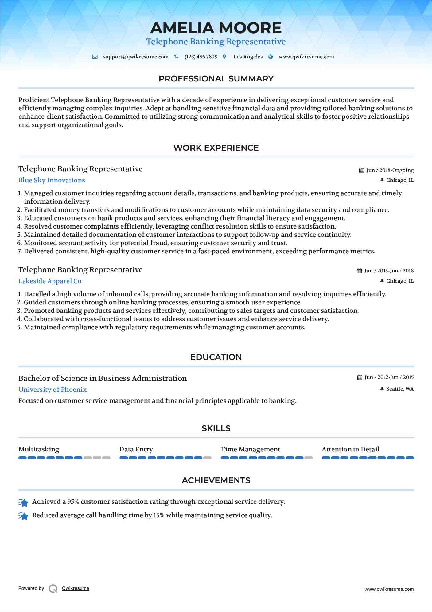 Telephone Banking Representative Resume Format