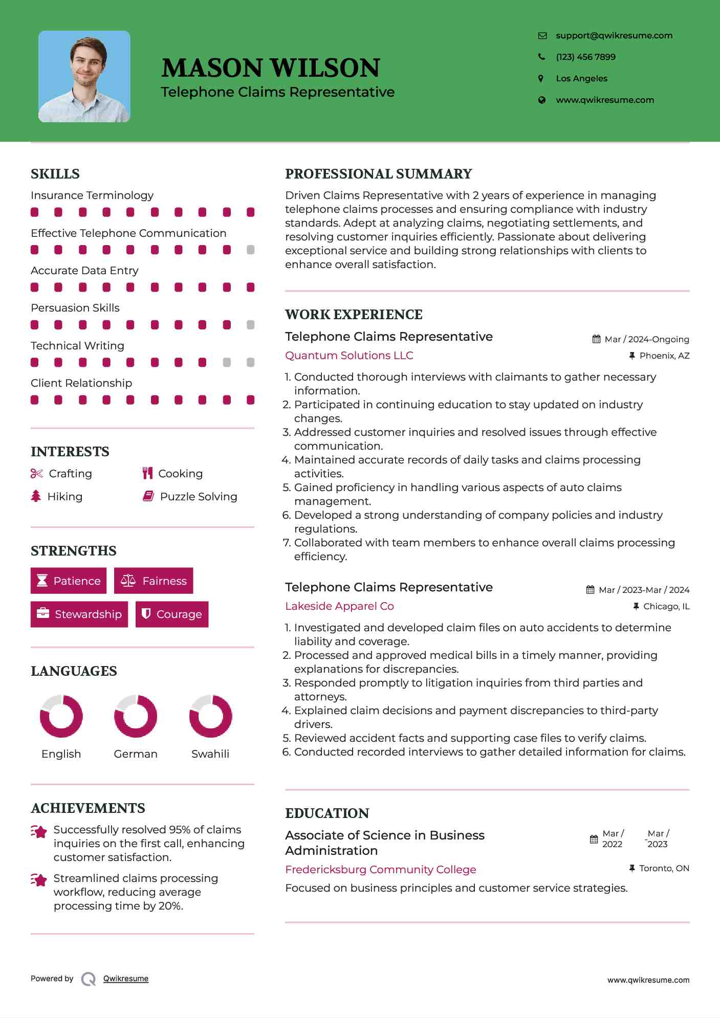 Telephone Claims Representative Resume Format