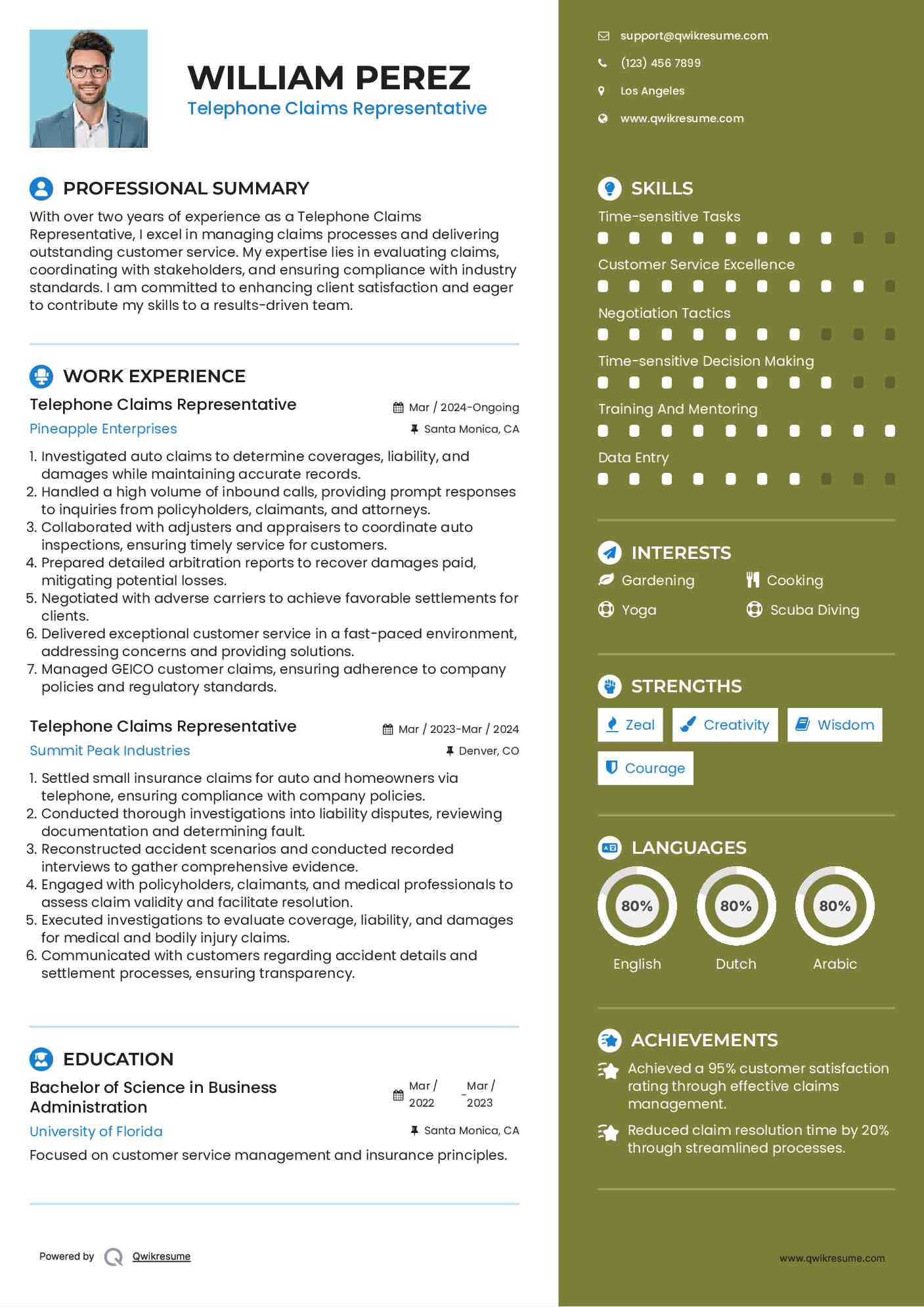 Telephone Claims Representative Resume Example