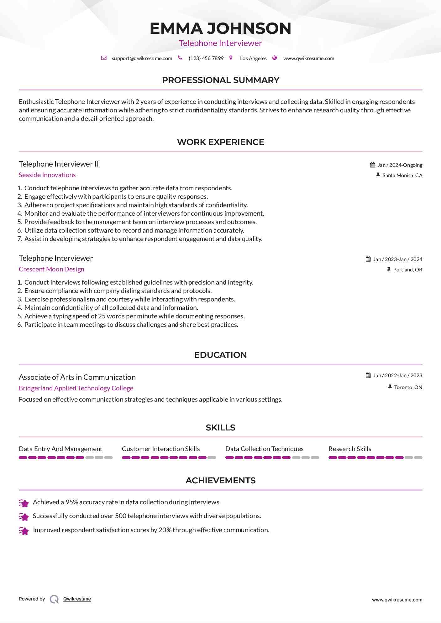 Telephone Interviewer II Resume Example