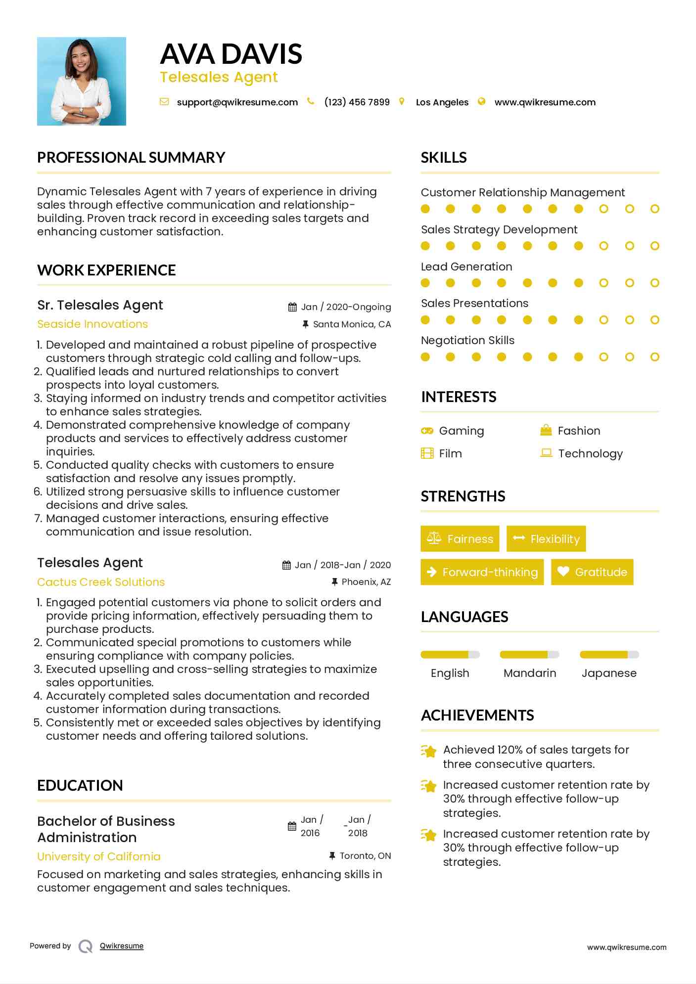 Sr. Telesales Agent Resume Model