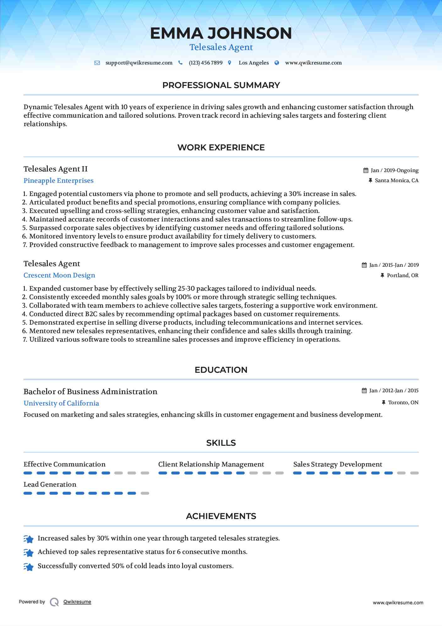 Telesales Agent II Resume Template