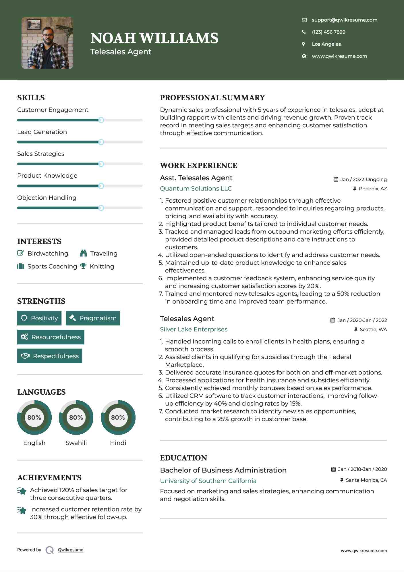 Asst. Telesales Agent Resume Example