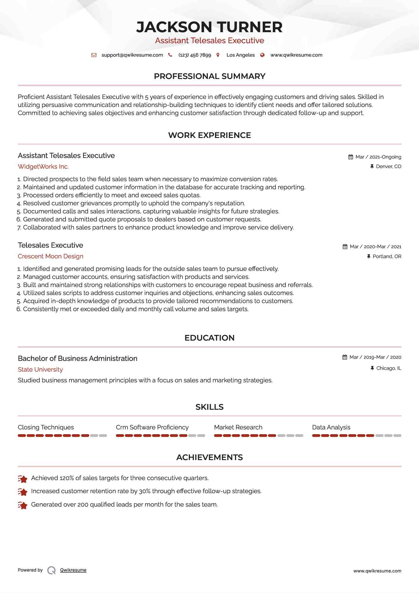 Assistant Telesales Executive Resume Sample