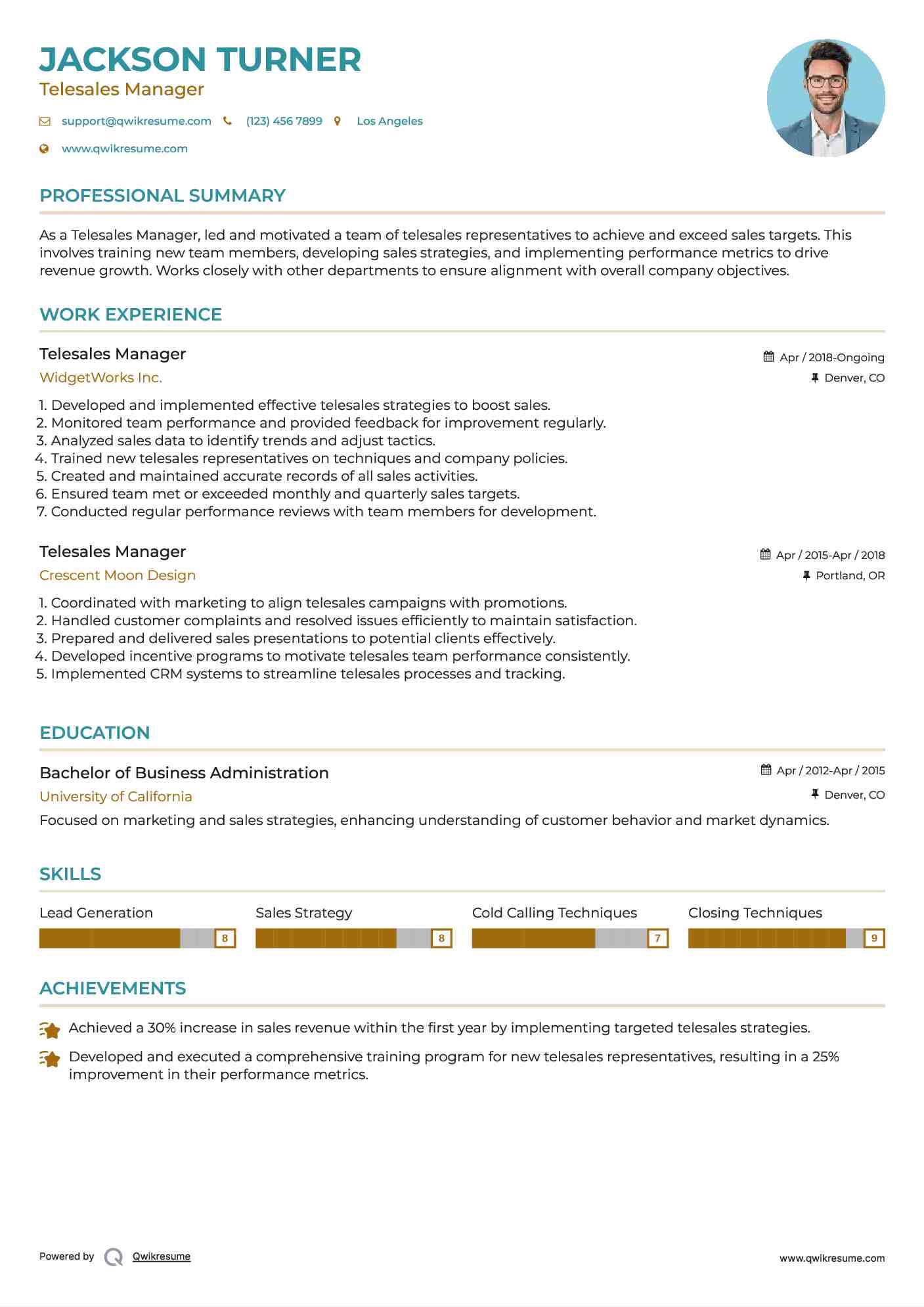 Telesales Manager Resume Template