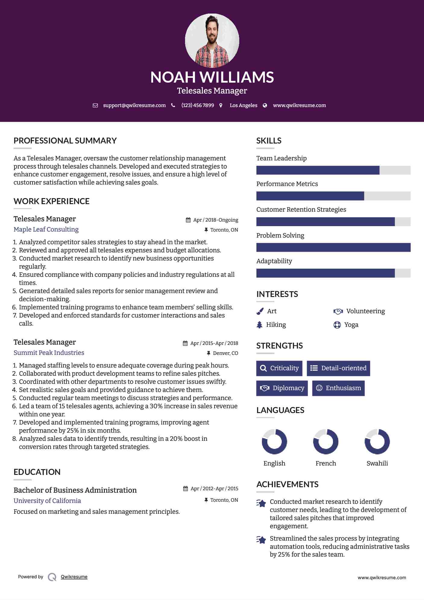 Telesales Manager Resume Format