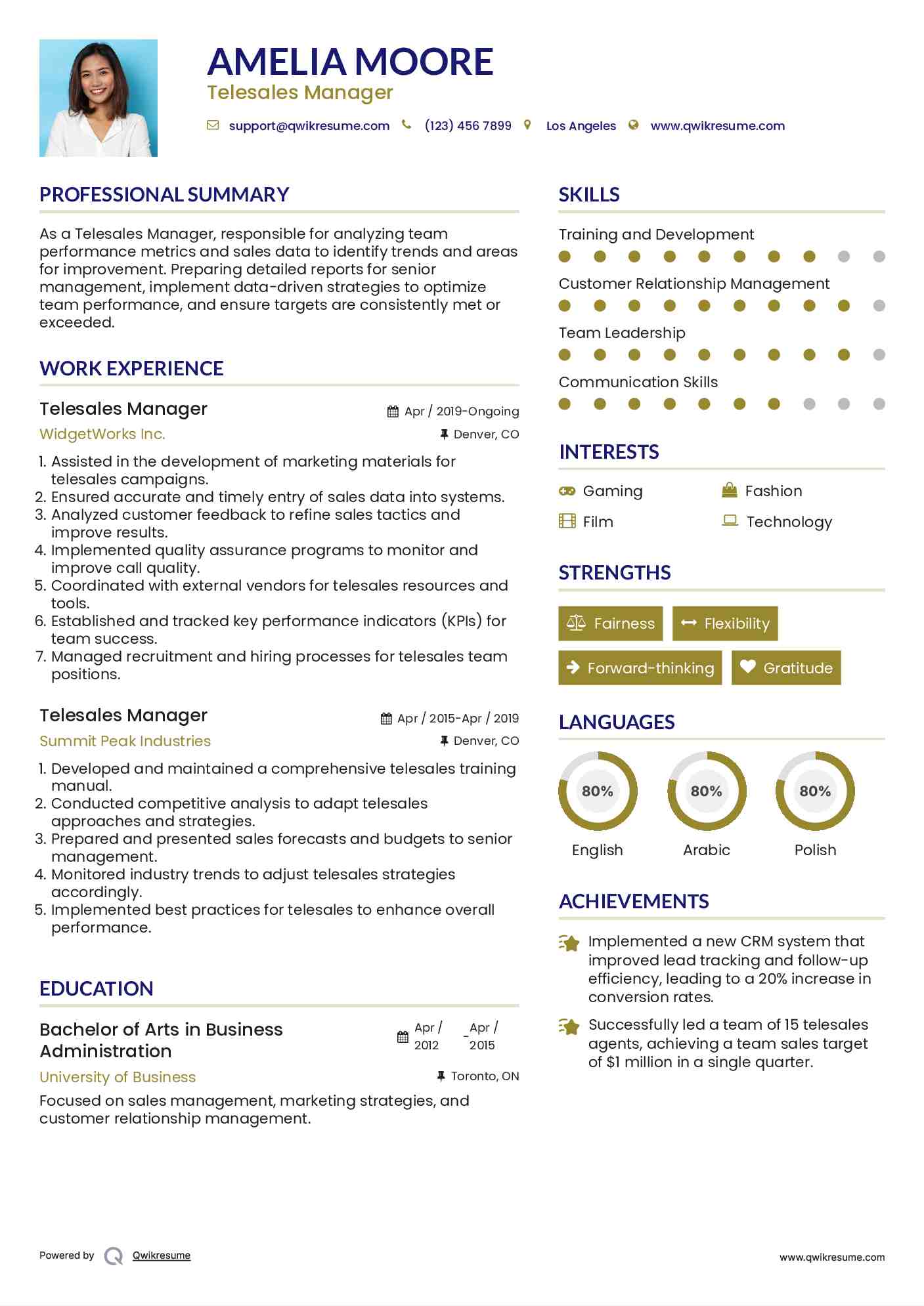 Telesales Manager Resume Example