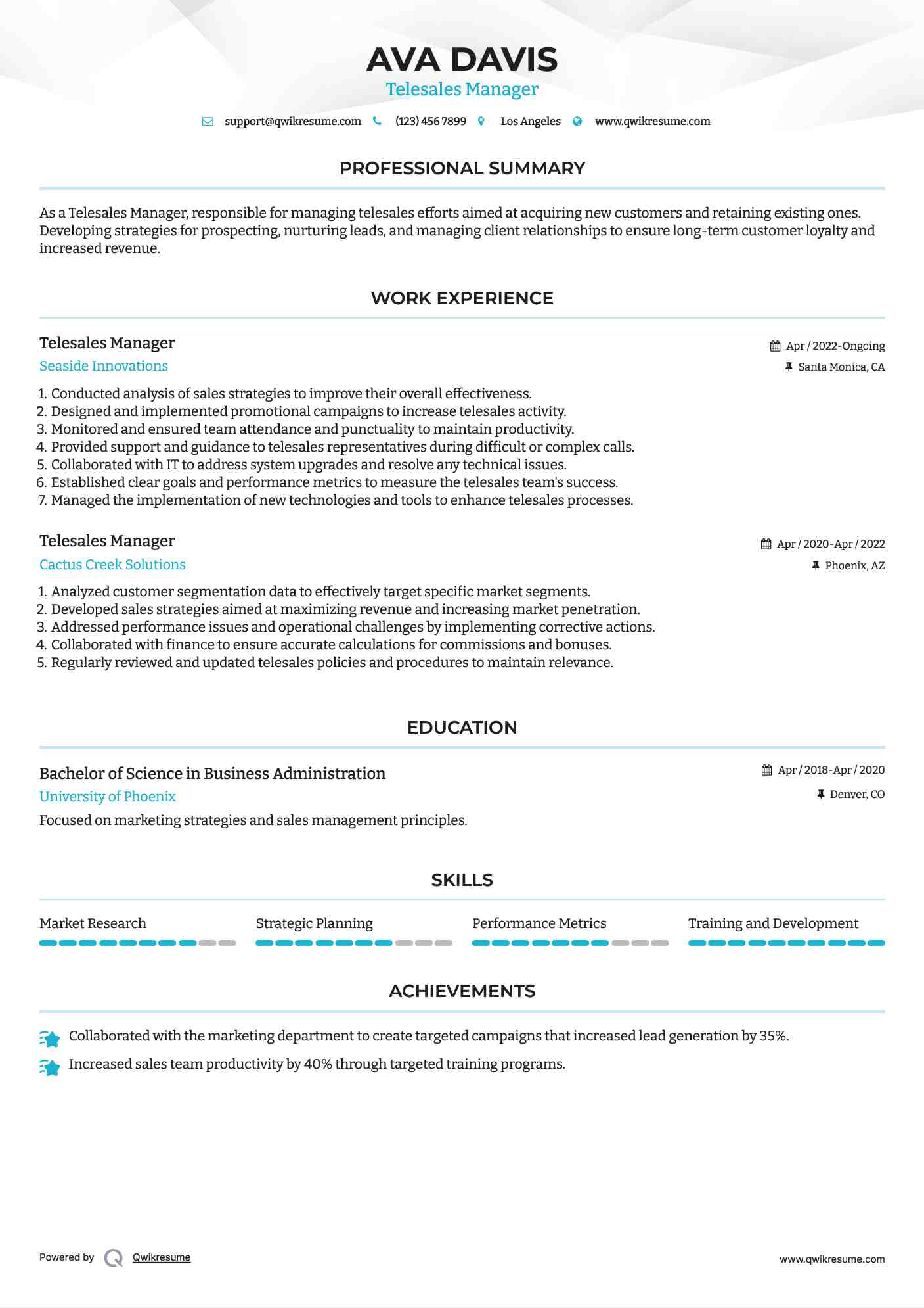Telesales Manager Resume Format