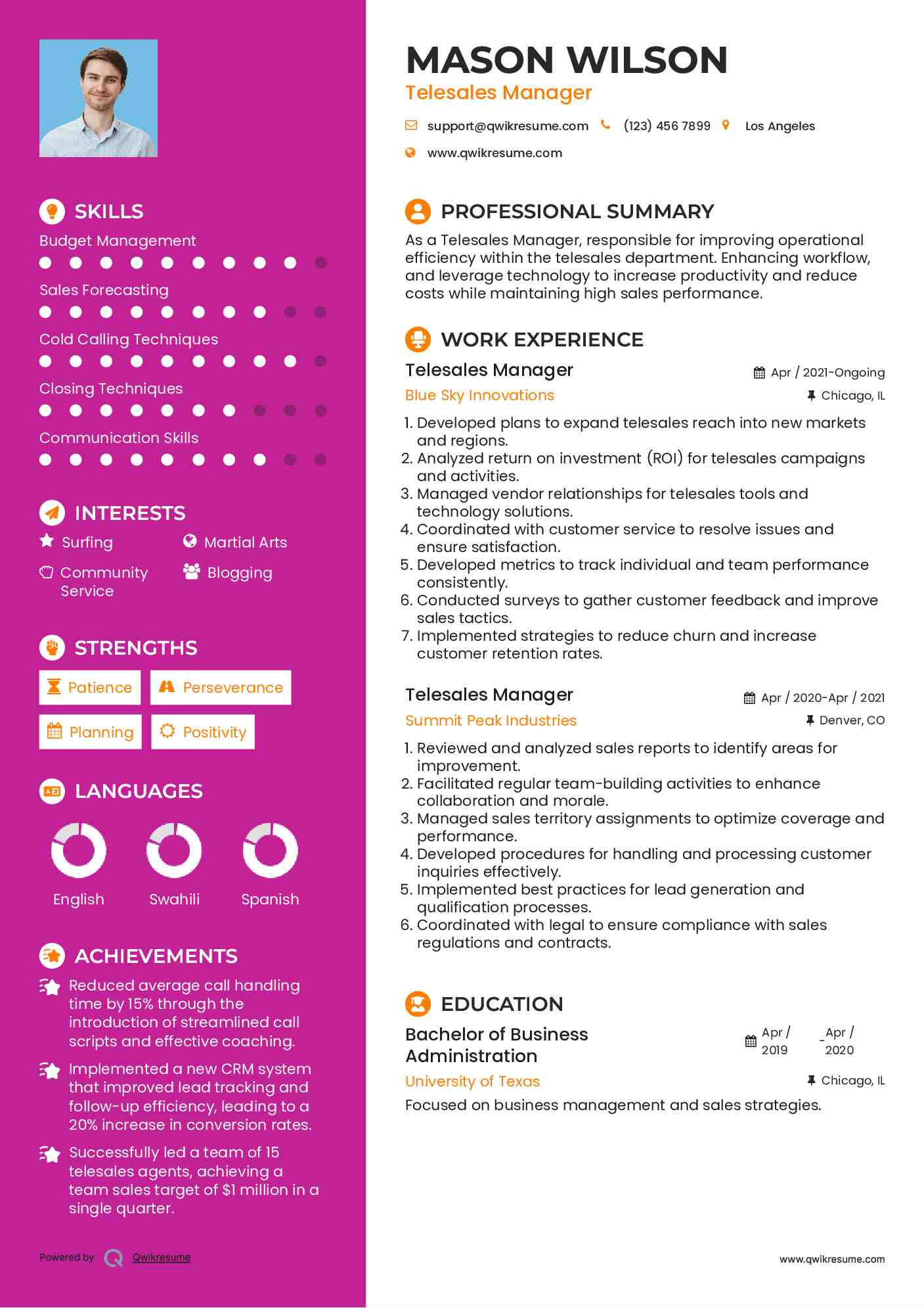 Telesales Manager Resume Model