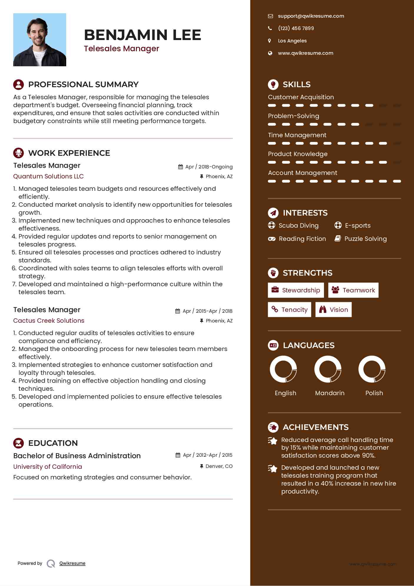 Telesales Manager Resume Template
