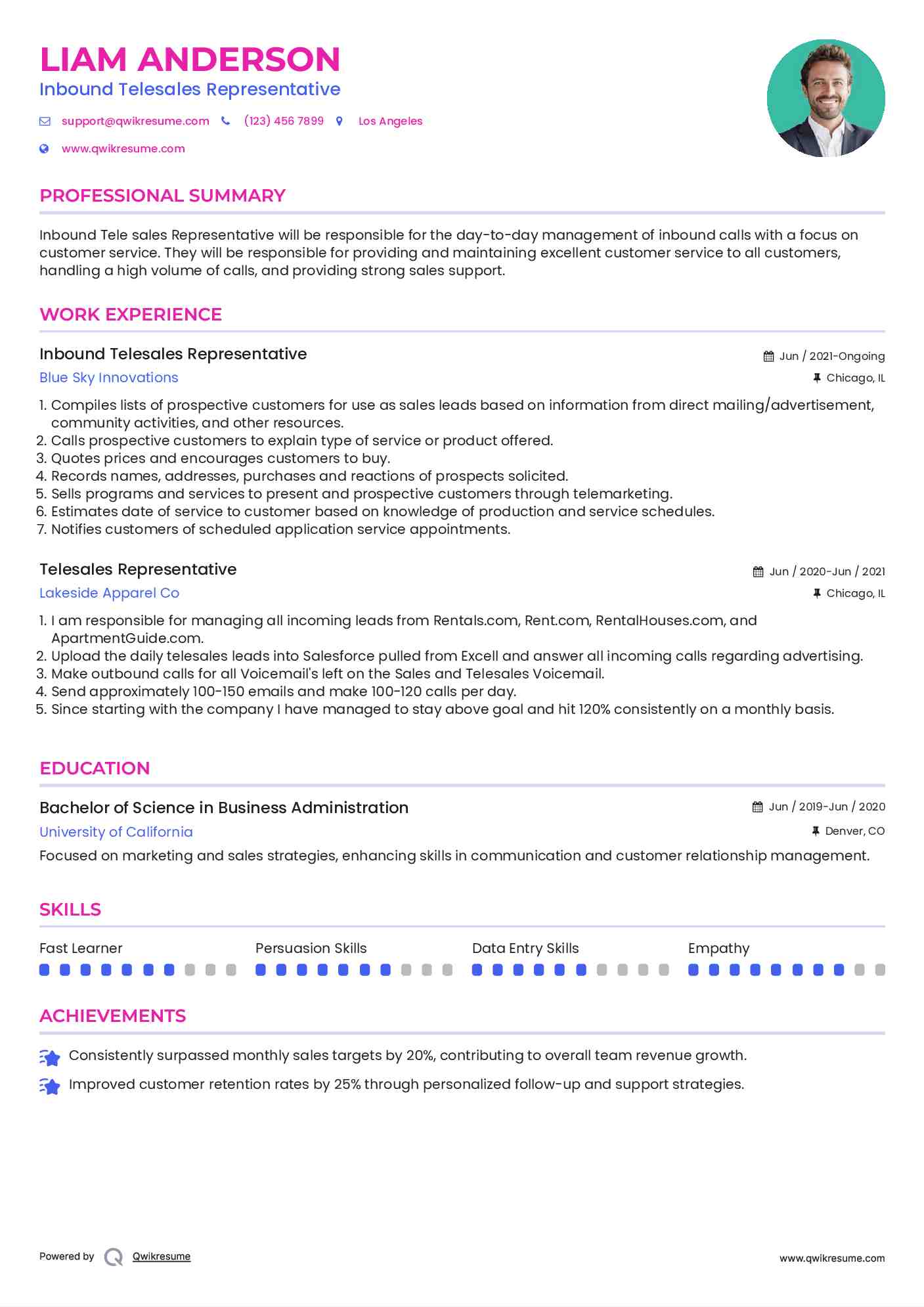 Inbound Telesales Representative Resume Template