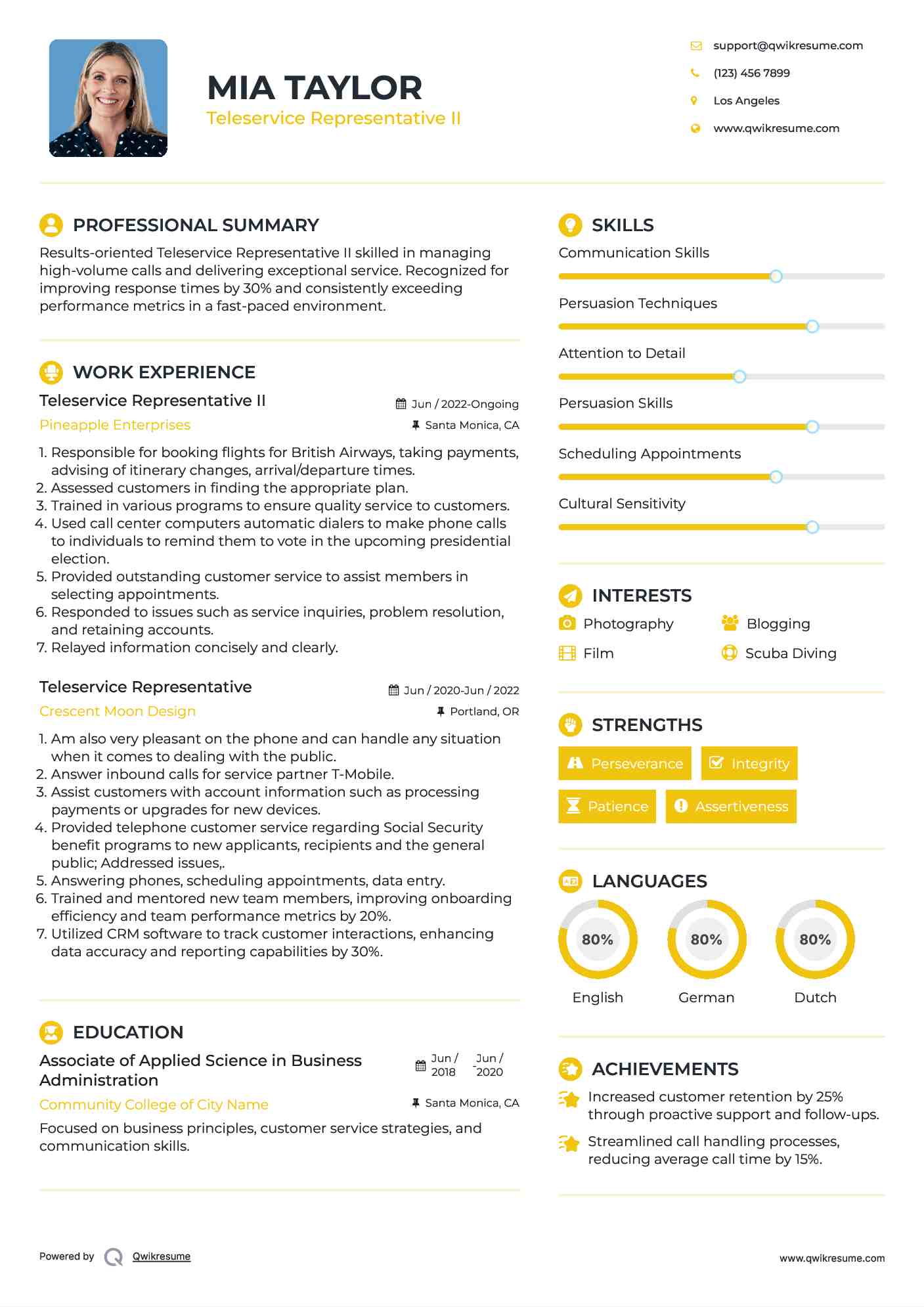 Teleservice Representative II Resume Template