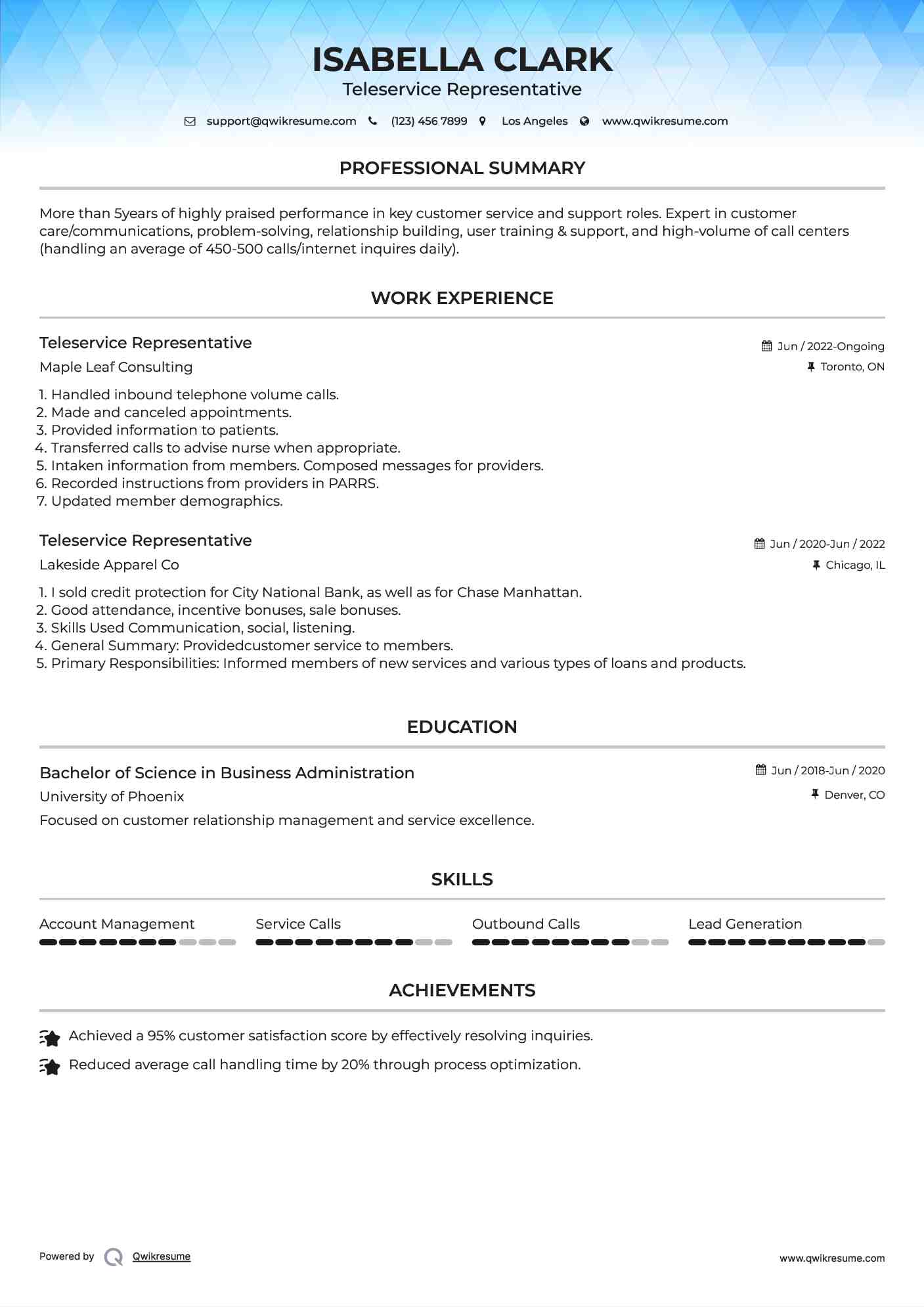 Teleservice Representative Resume Example