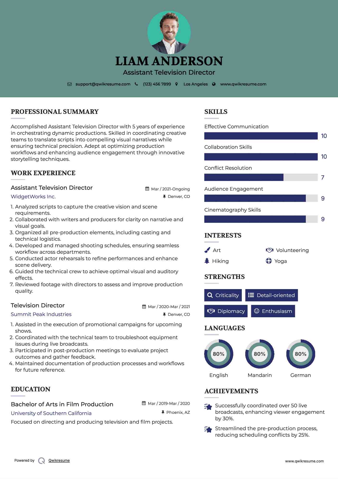 Assistant Television Director Resume Example