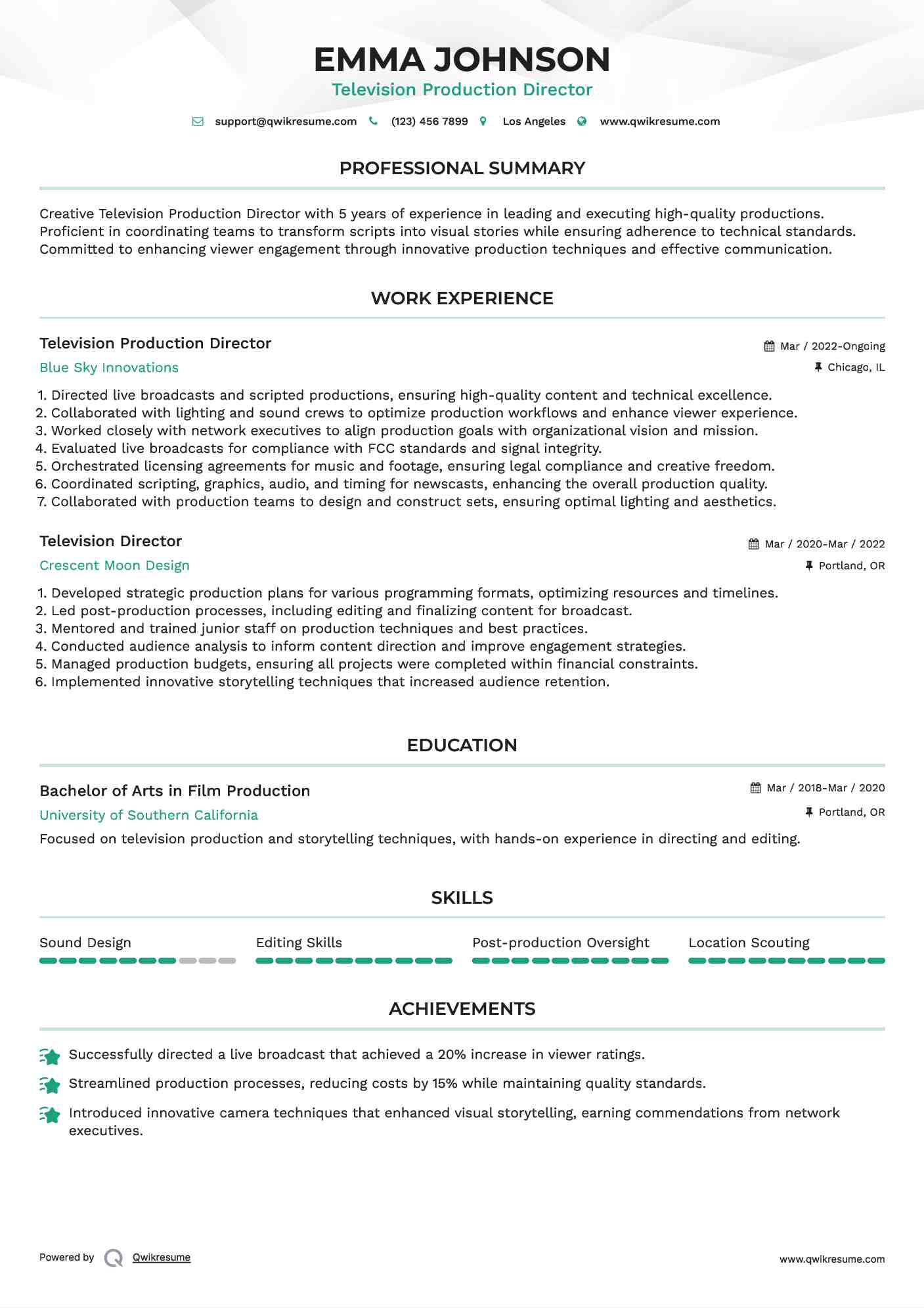 Television Production Director Resume Sample