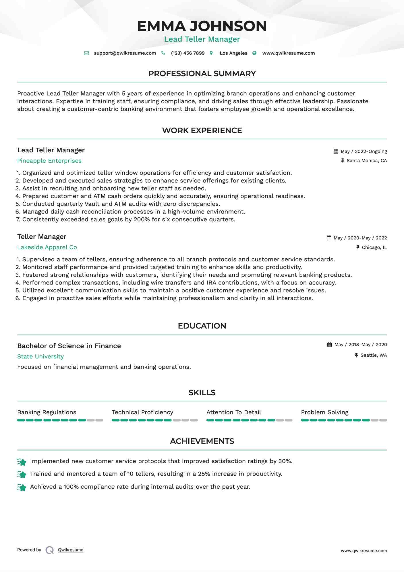 Lead Teller Manager Resume Example