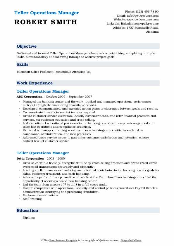 Teller Operations Manager Resume Samples QwikResume
