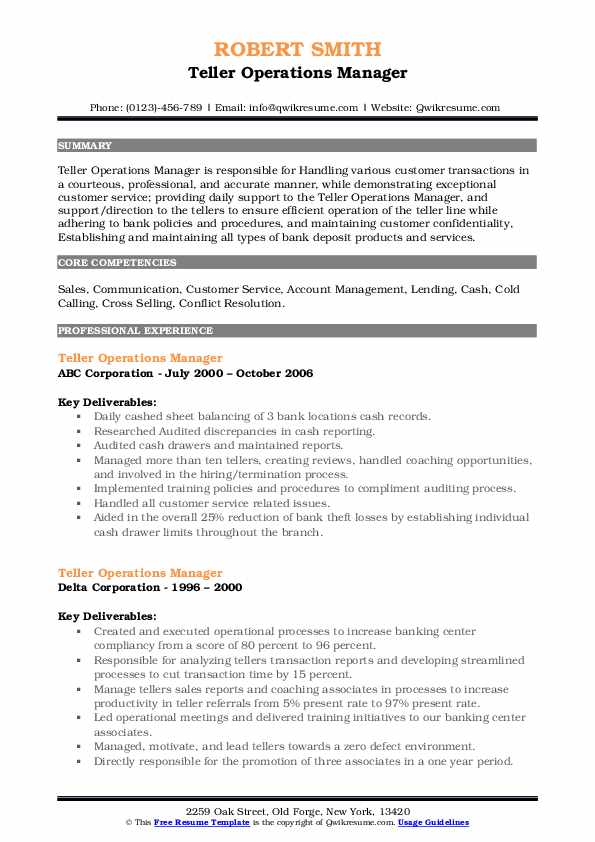 Teller Operations Manager Resume Samples QwikResume