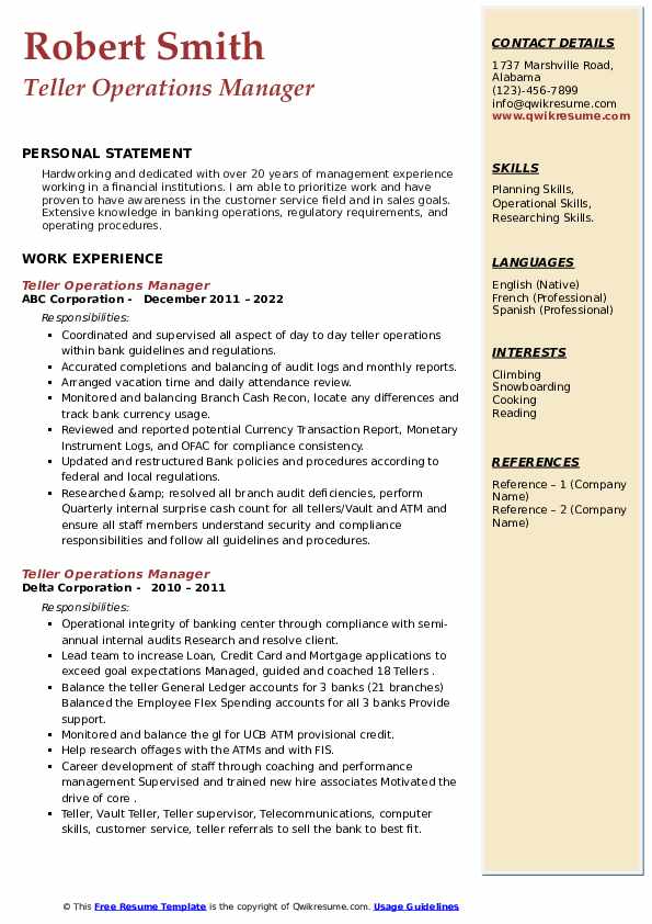Teller Operations Manager Resume Samples QwikResume