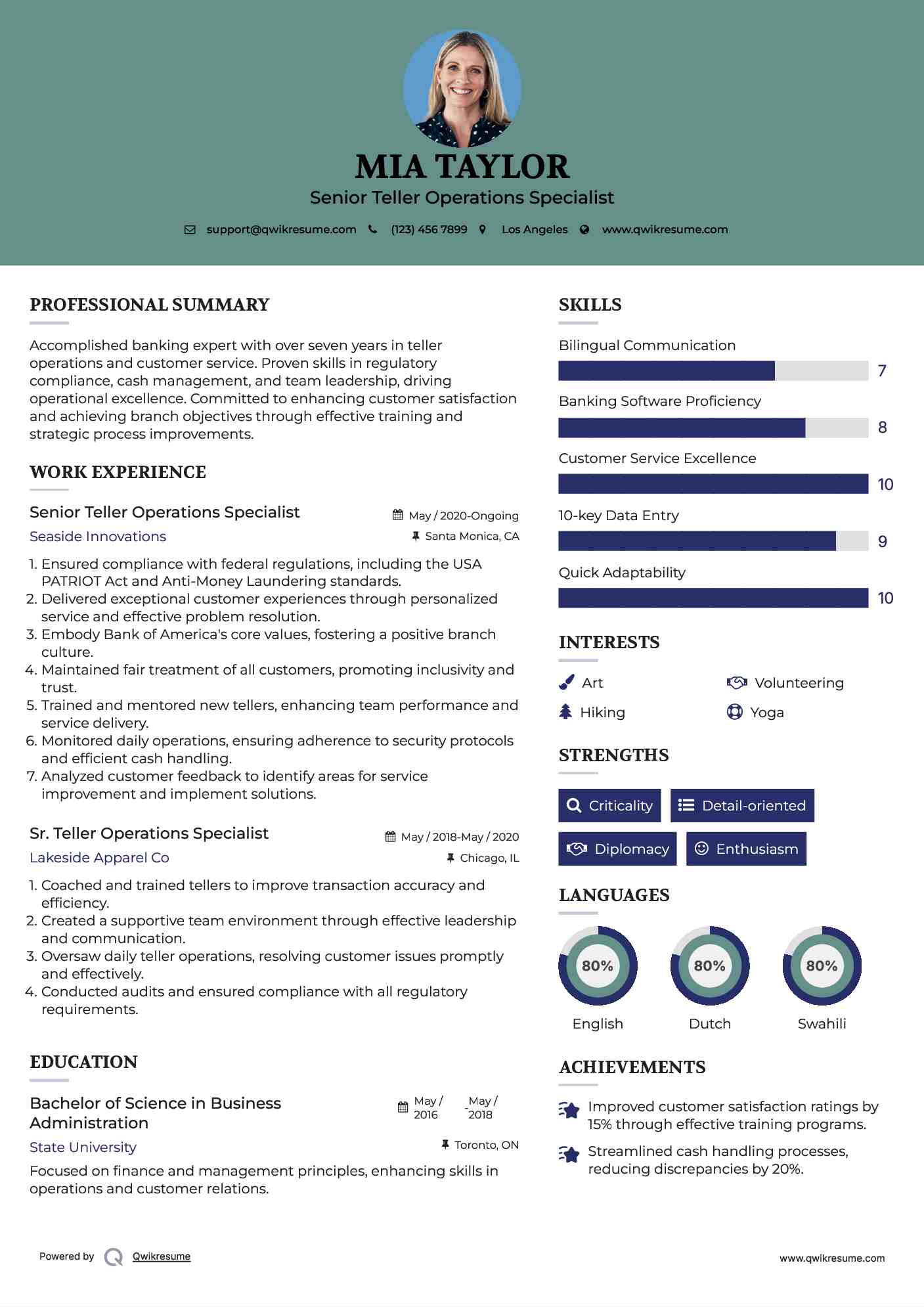 Senior Teller Operations Specialist Resume Example