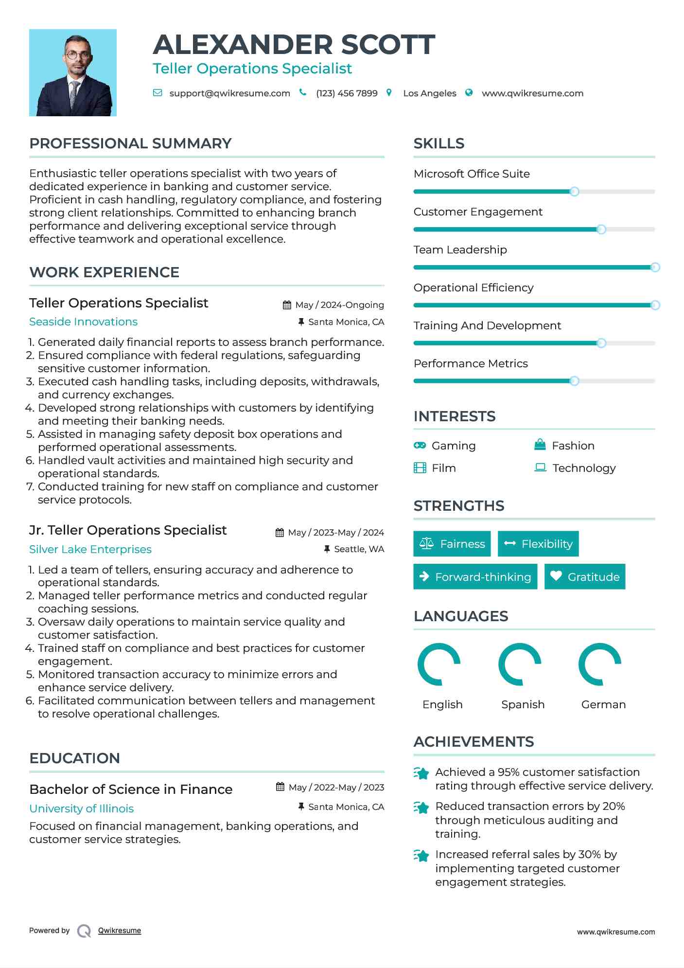 Teller Operations Specialist Resume Template