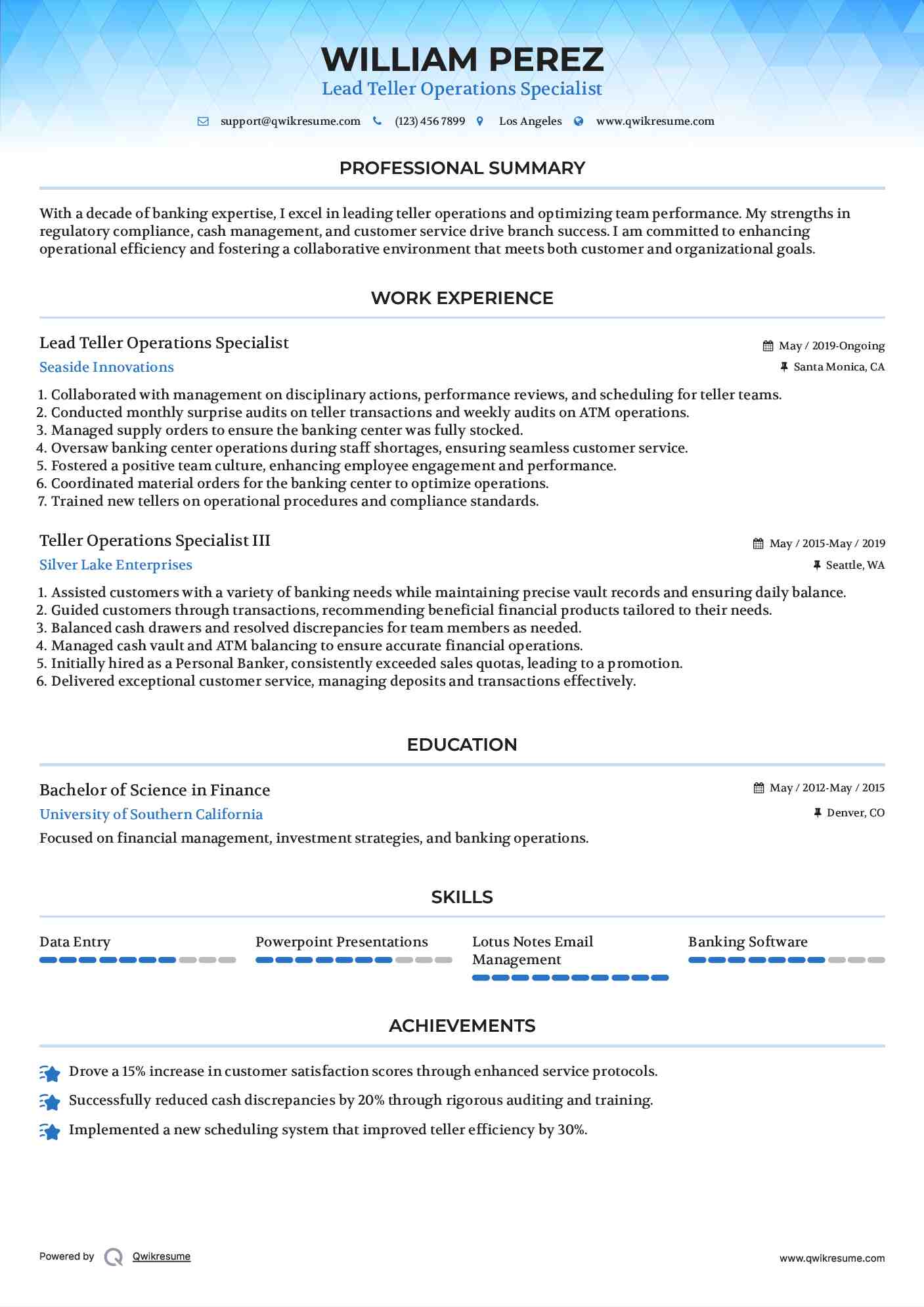 Lead Teller Operations Specialist Resume Format