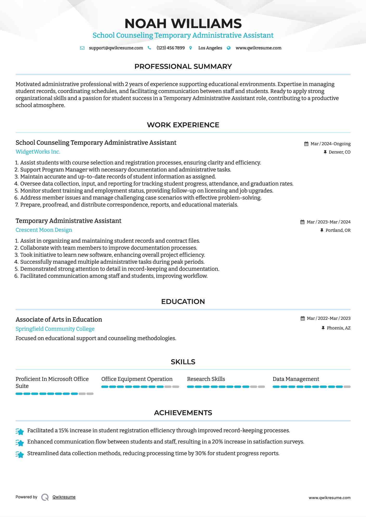School Counseling Temporary Administrative Assistant Resume Model
