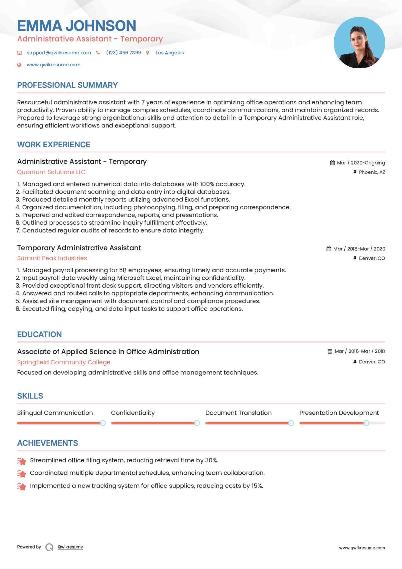 Administrative Assistant - Temporary
 Resume Sample