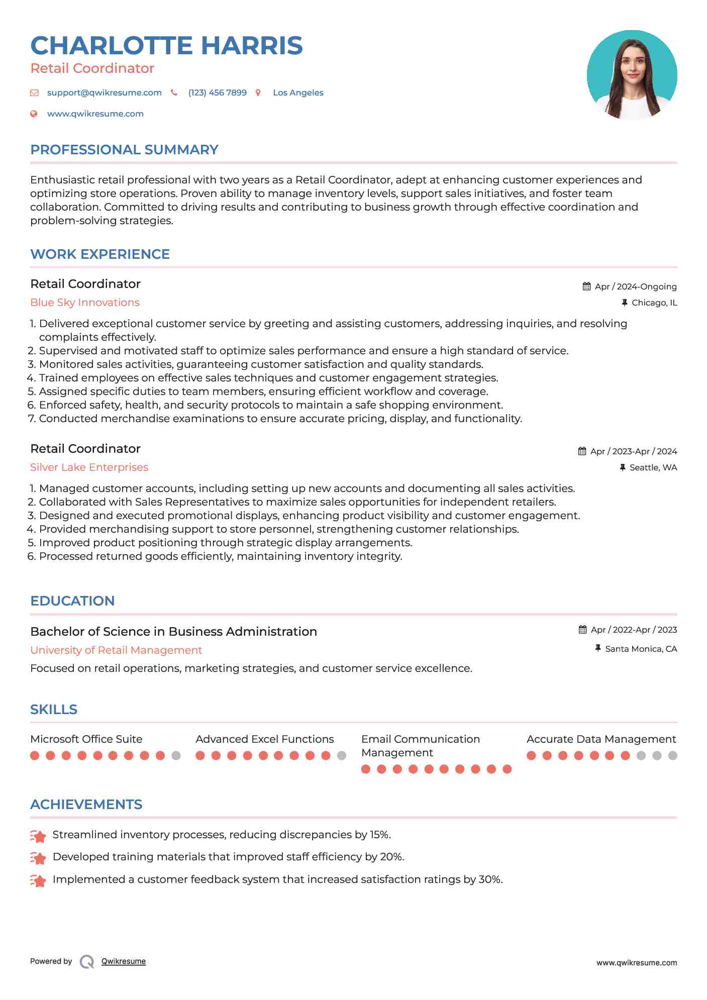 Retail Coordinator Resume Model