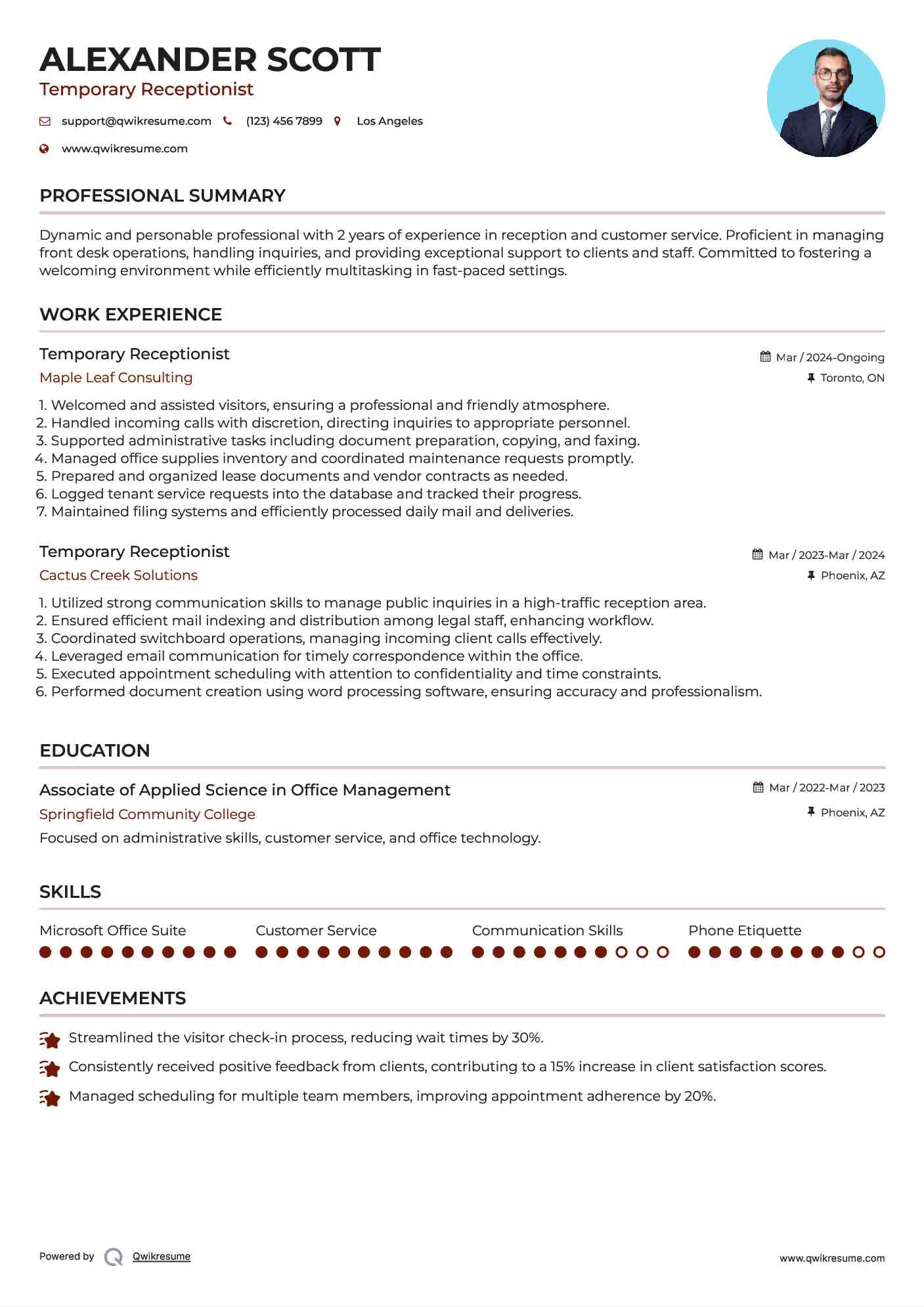Temporary Receptionist Resume Example